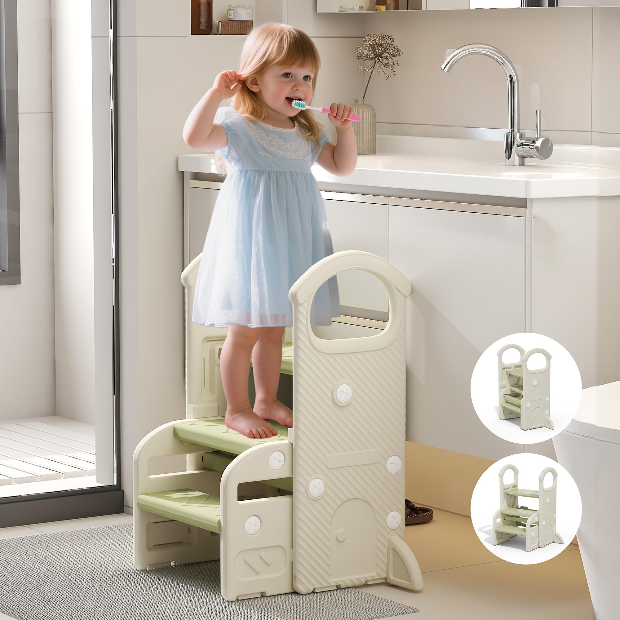 Hominewti Sgabello Per Bambini, Altezza Regolabile A 2-3 Gradini, Sgabello Pieghevole Multifunzionale Per Bambini Con Braccioli, Antiscivolo, Scaletta Per Bambini Piccoli, Per Bagno E Cucina, Verde