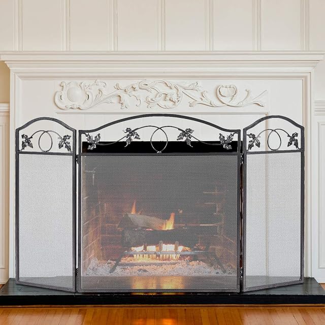 TANGZON 3 Panel Foldable Fire Screen, Metal Spark Fire Guard with Leaves Pattern, Indoor Outdoor Freestanding Safety Fireplace Fence for Coal Firing, Stoves and Grills (Leaves Pattern, 127 x 73.5cm)