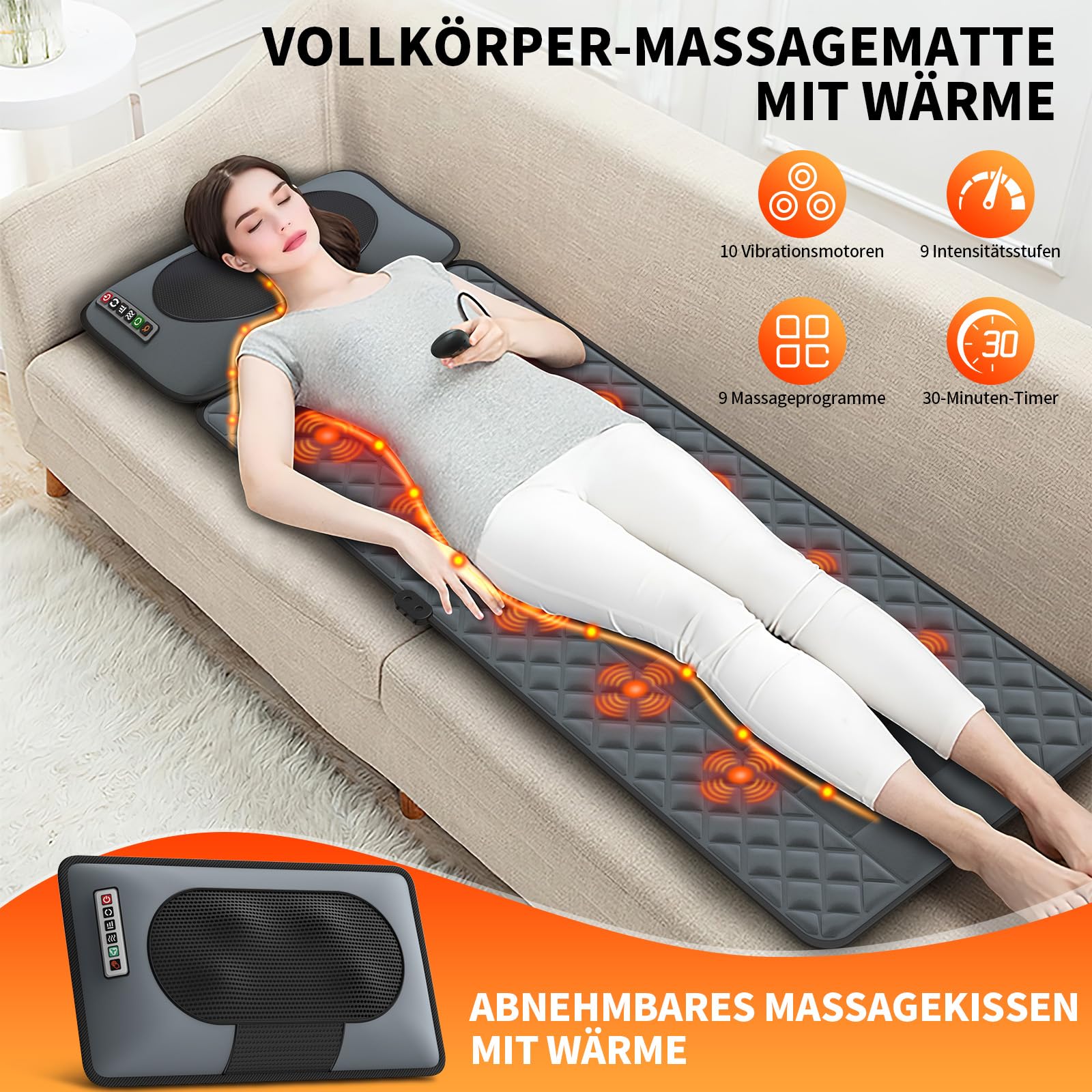 Massagematte mit Wärmefunktion, Shiatsu Massagematte Ganzkörpermassage, Massagesitzauflage mit 30 Massageköpfe 9 Vibrationsmotoren, Nacken und Schulter-Rückenmassagegerät Geschenke für Männer Frauen