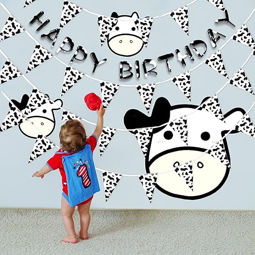 Miniatura 7 de Tatuo Banderín de vaca de 32.8 pies, estilo de granja para fiestas de cumpleaños y decoraciones temáticas occidentales (negro)