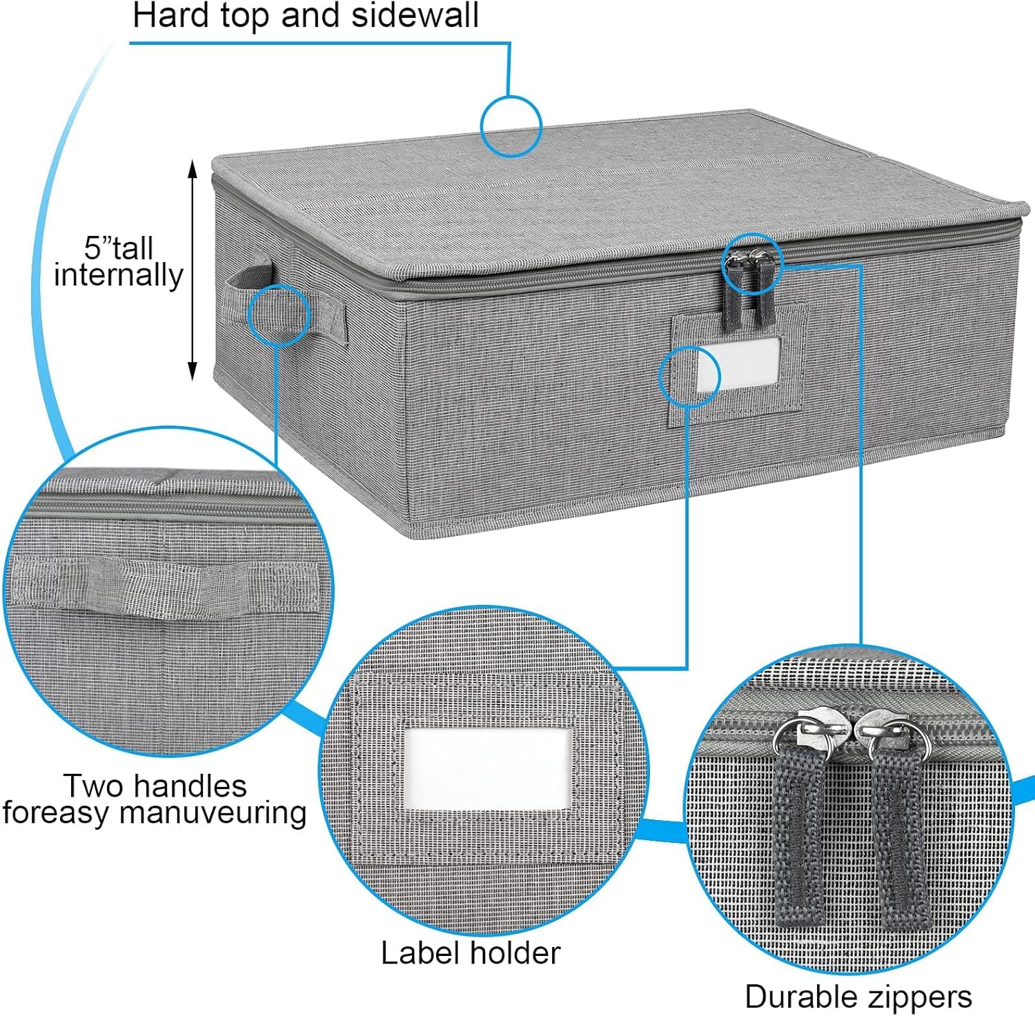 Porcelain storage Container Set case for teacup mugs storage, protective saucer, mug and mugs storage case with divider, felt plate hard case and stackable (grey, 5-grey set)