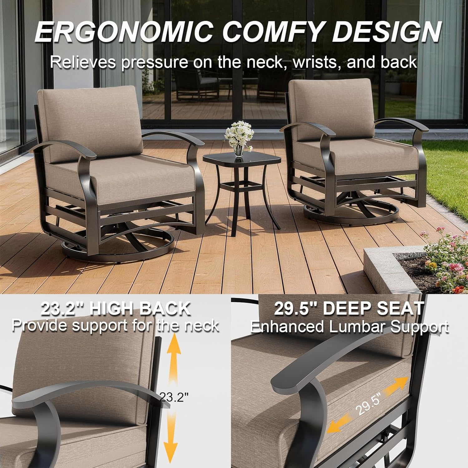 Gotland 5 Piece Patio Set, Aluminum Outdoor Swivel Chairs Set of 2 with 2 Ottoman 5.1’’ High-Resilience Seat Cushions Tempered Glass Coffee Table Removable Cushions, Metal Patio Furniture Set, Khaki