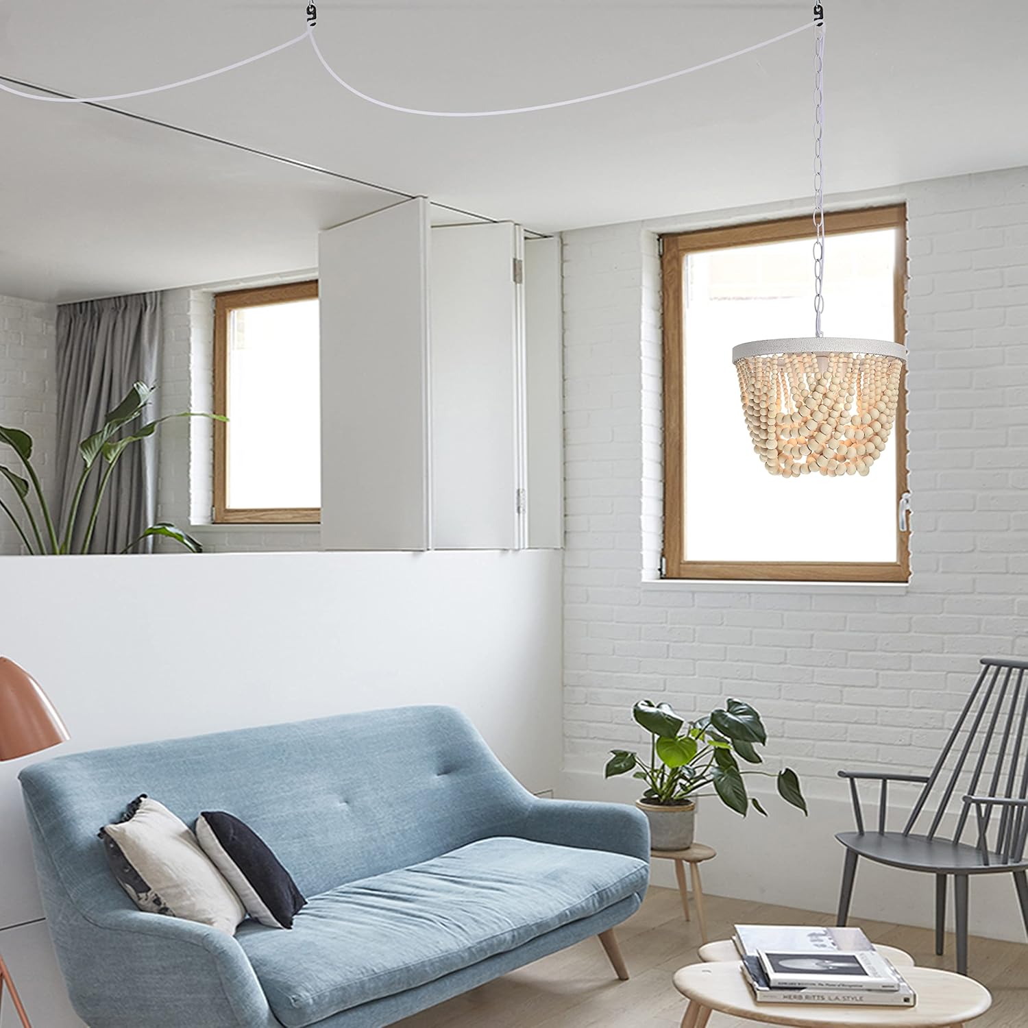 Plug in Chandelier Wood Beaded Chandelier with 20 Foot Hanging Cord 3 Light Boho Light Fixtures Ceiling Small Farmhouse Chandeliers for Bedrooms