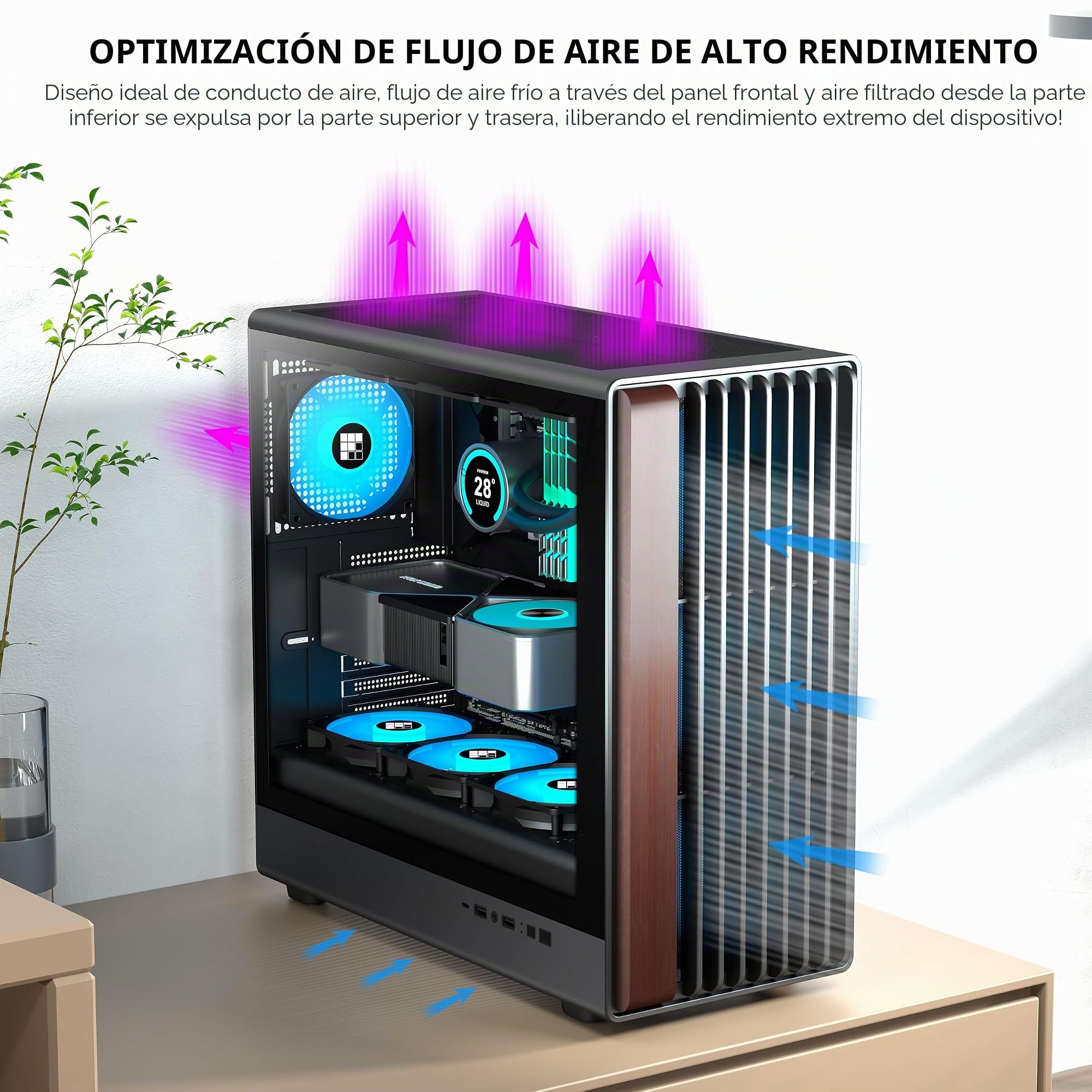 FOIFKIN M1 Caja PC - Panel Frontal de Nogal - 4 Ventiladores ARGB PWM preinstalados - Carcasa de PC ATX Mid-Tower para Juegos (Negro, M2)
