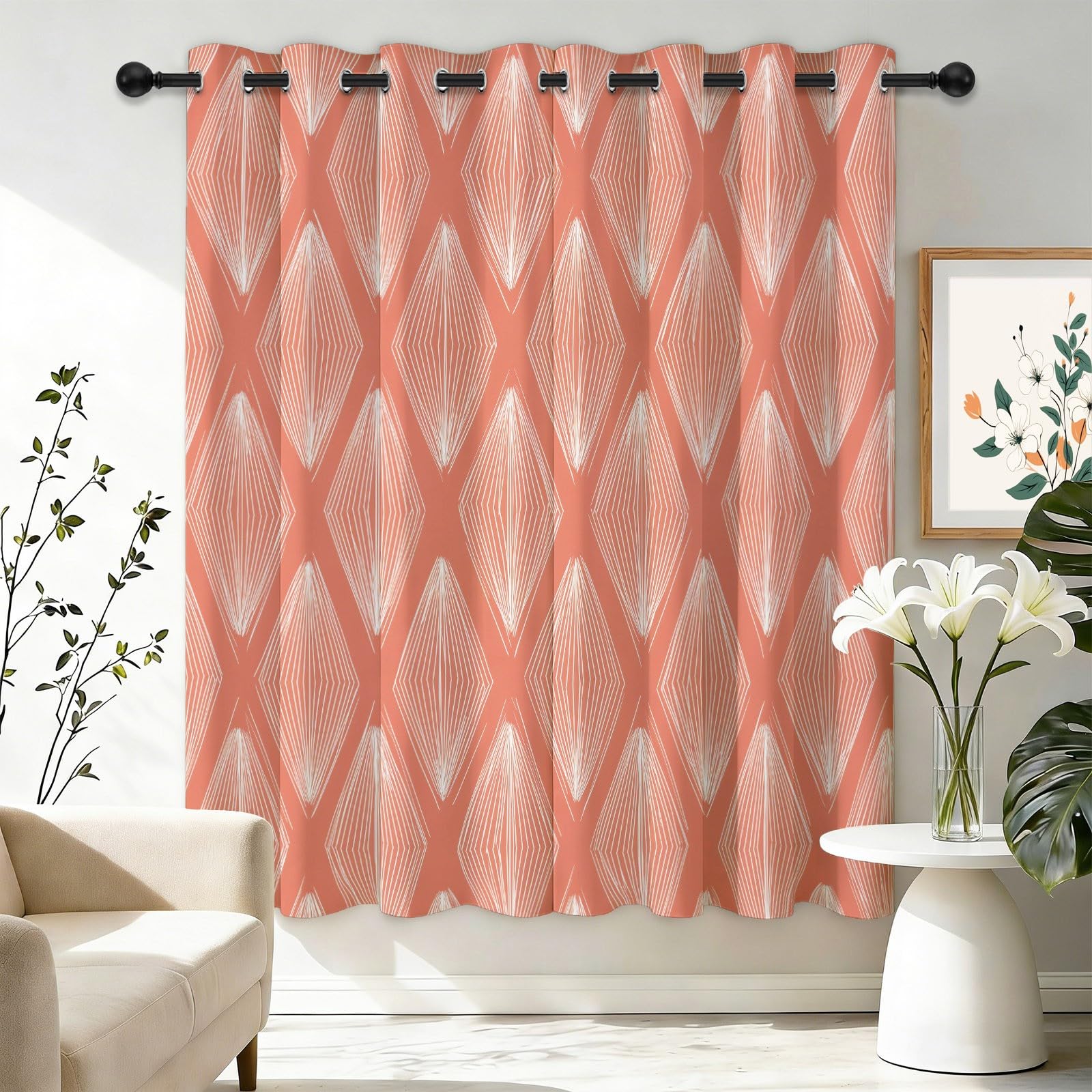 140L X 245H cm (2 Panneaux) Rideau Occultant Géométrie Lignes Losange Rideaux Thermique Isolant Anti UV, Corail Opaque Draperies Decoration pour Maison Salon Chambre Fenetre avec Œillets