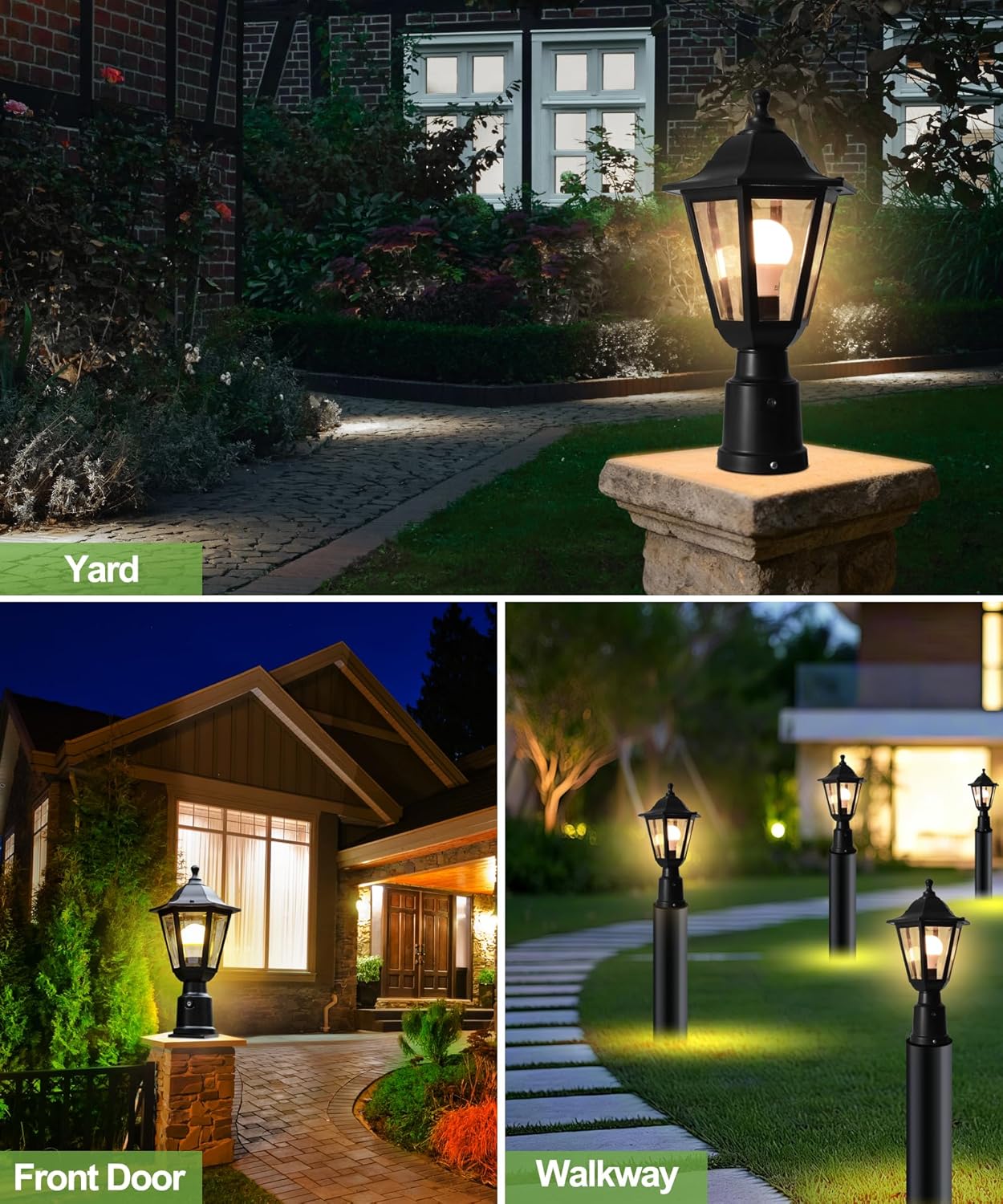 FUDESY Dusk to Dawn Sensor Outdoor Post Light, Waterproof Pole Lantern with Pier Mount Base, Exterior Plastic Lamp Light Fixture, for Garden, Patio, Pathway, Black, Bulb Included
