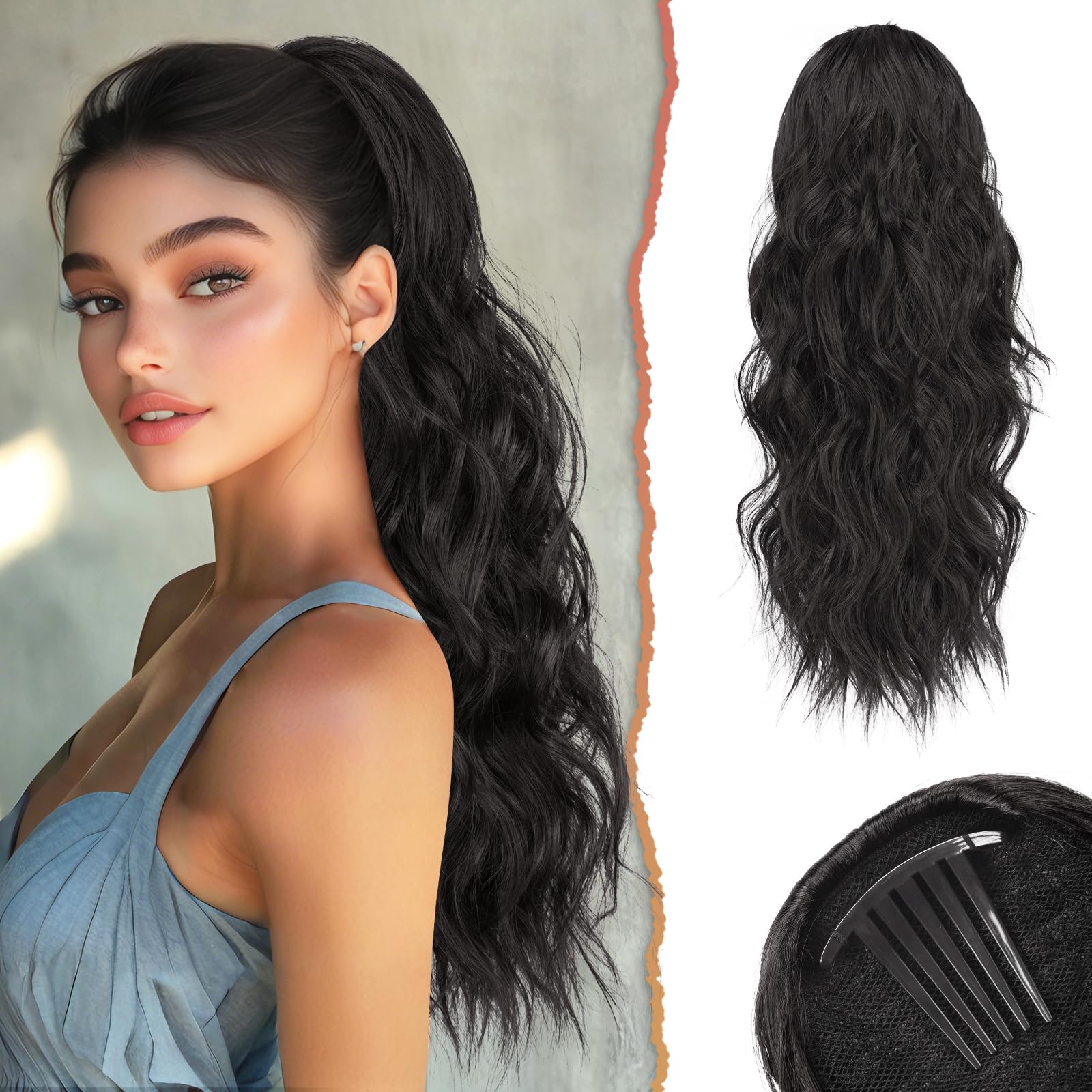 Ponytail Extension Synthetic Black Curly Wavy 24 Inch Clip-In Hairpiece Women Dark Brown 24 Drawstring Curly Ponytail Extension  main image 3