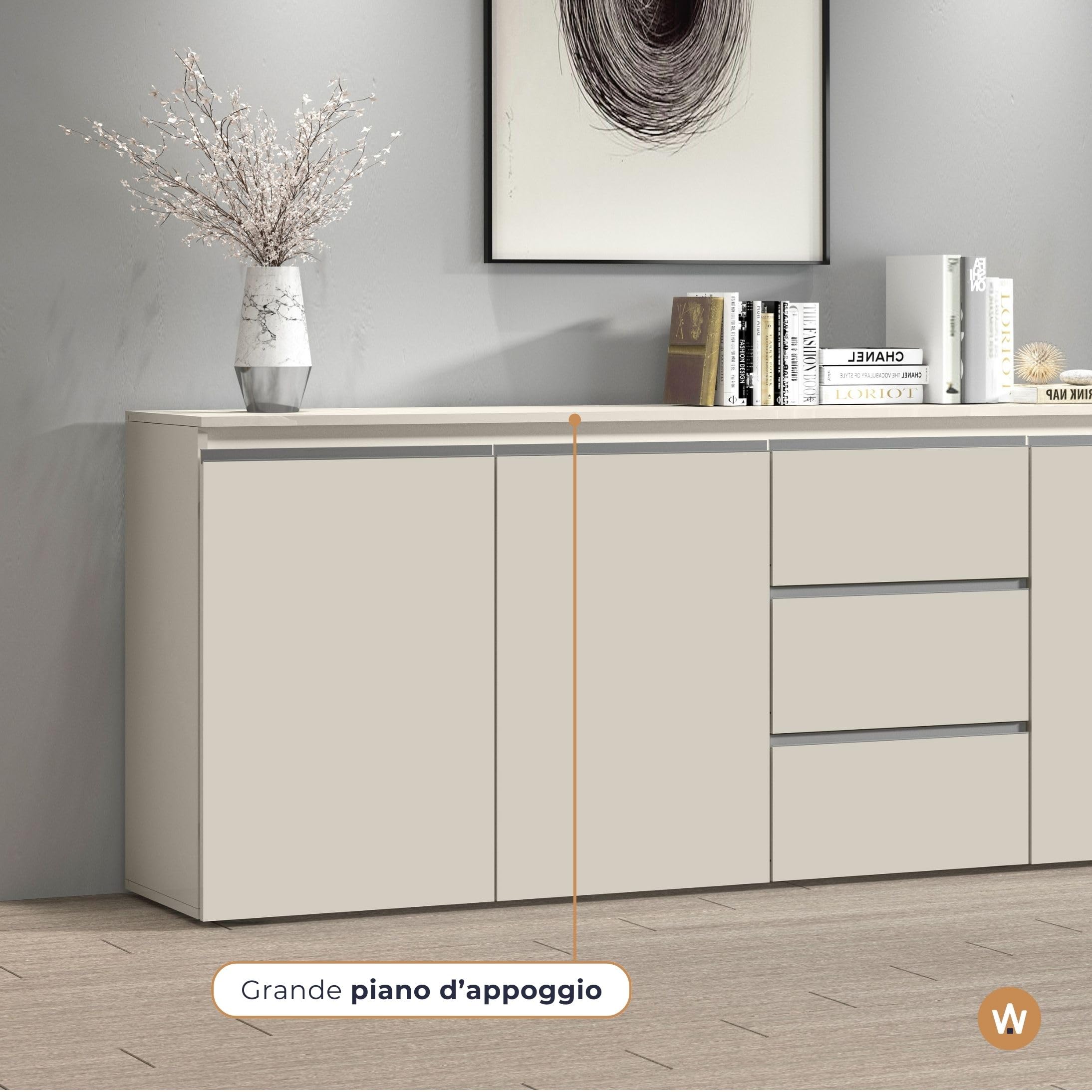 WHOUS Credenza e Buffet MAGIC per Soggiorno con 3 Ante e 3 Cassetti, Madia per Salotto, Cucina e Sala da Pranzo in Legno, 200x40x80, Cashmere