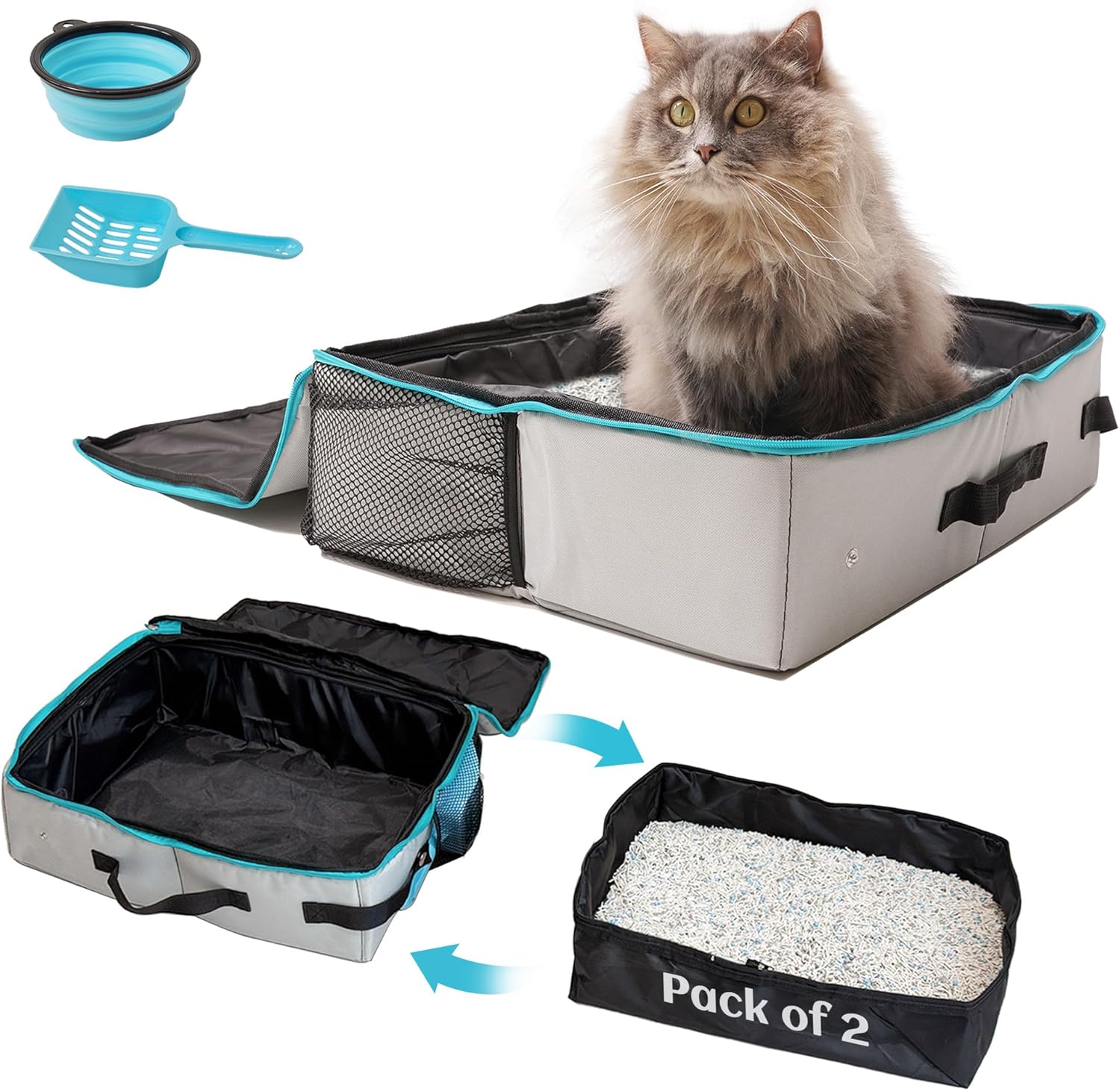 PETKARAY Portable Travel Litter Box with 2 Replacement Liners, Foldable Litter Carrier with Zipped Lid, Leak-Proof & Odor-Control Litter Box for Car Travel, Grey