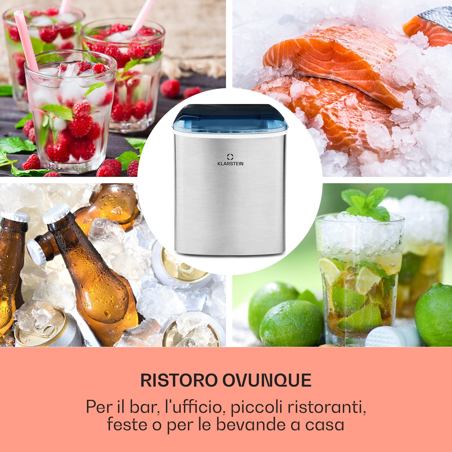 Klarstein Macchina Ghiaccio 2.1L, Macchina del Ghiaccio Professionale, Fabbricatore Ghiaccio Secco Alimentare 12kg, Cubetti di Grandi Piccole Dimensioni, Macchina Ghiaccio Casa Autopulente Cocktail