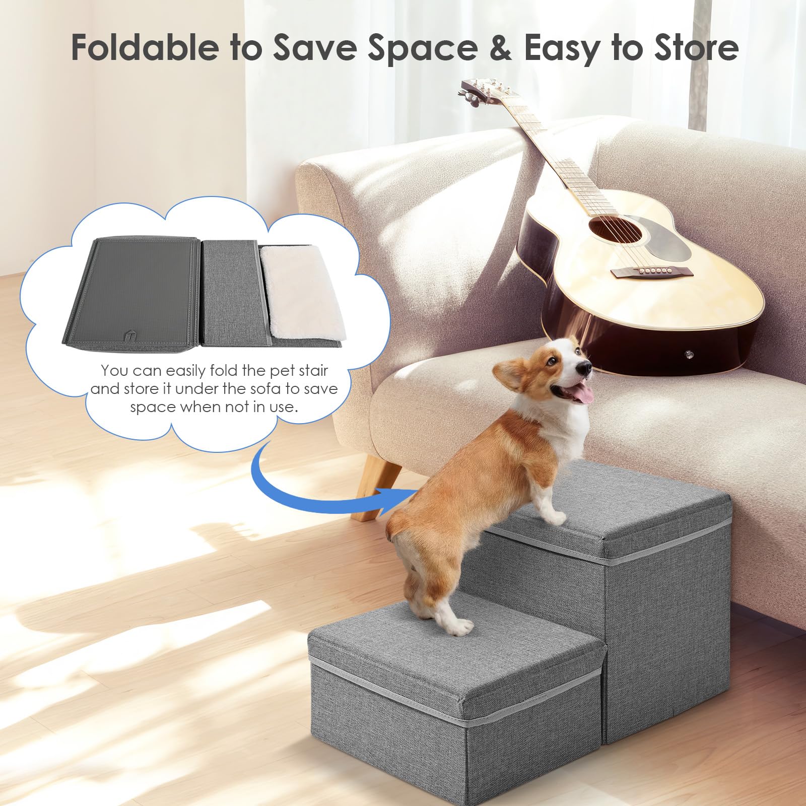 Escalera para perros, escalera para mascotas, rampa para perros y gatos, con cajas de almacenamiento, plegable para cama y sofá (2 capas)