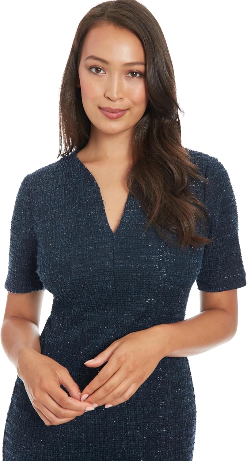 London Times Women's Elegant Short Sleeve V-Neck Sheath Knee Length with Gold Button Detail-Versatile Cocktail Dress