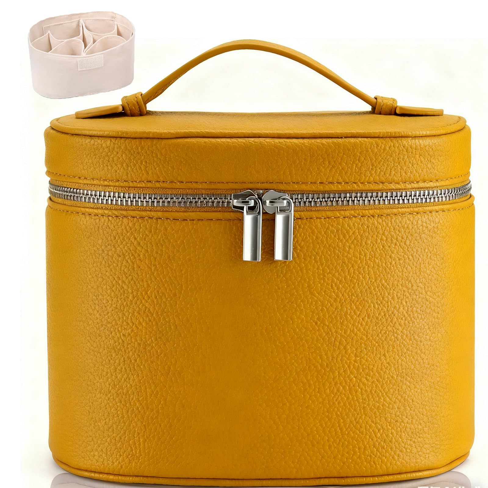 Make-up-Tasche aus Leder mit Fächern – Stehende Reise-Kosmetiktasche für Damen, wasserdichter Schminkkoffer mit abnehmbarer Trennwand, tragbarer Kulturbeutel, gelb, 8.26x6.29x5.9 inches
