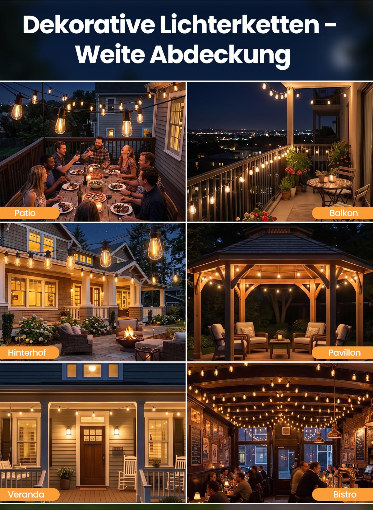 Lichterkette Außen 45M, LED Lichterkette Outdoor, Wasserdicht IP65, 45+3 S14 Plastik Birne Lichterketten Glühbirnen für Aussen Garten Terrasse Party Hochzeit, 2700K Warmweiß