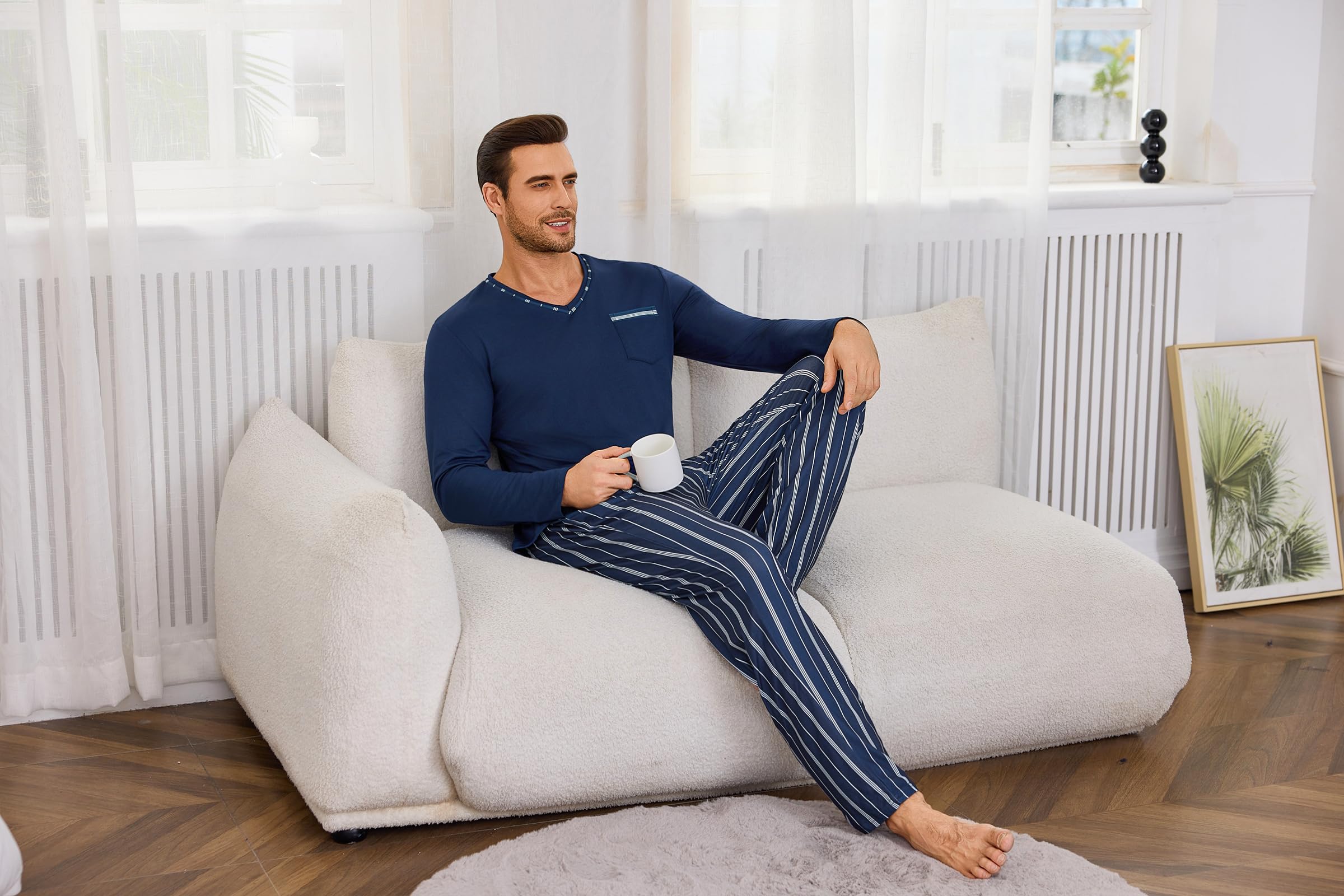 Demegimi Pijamas para Hombre Invierno de Manga Larga Algodón Conjunto de Cuello Redondo Ropa de Dormir 2 Pieza