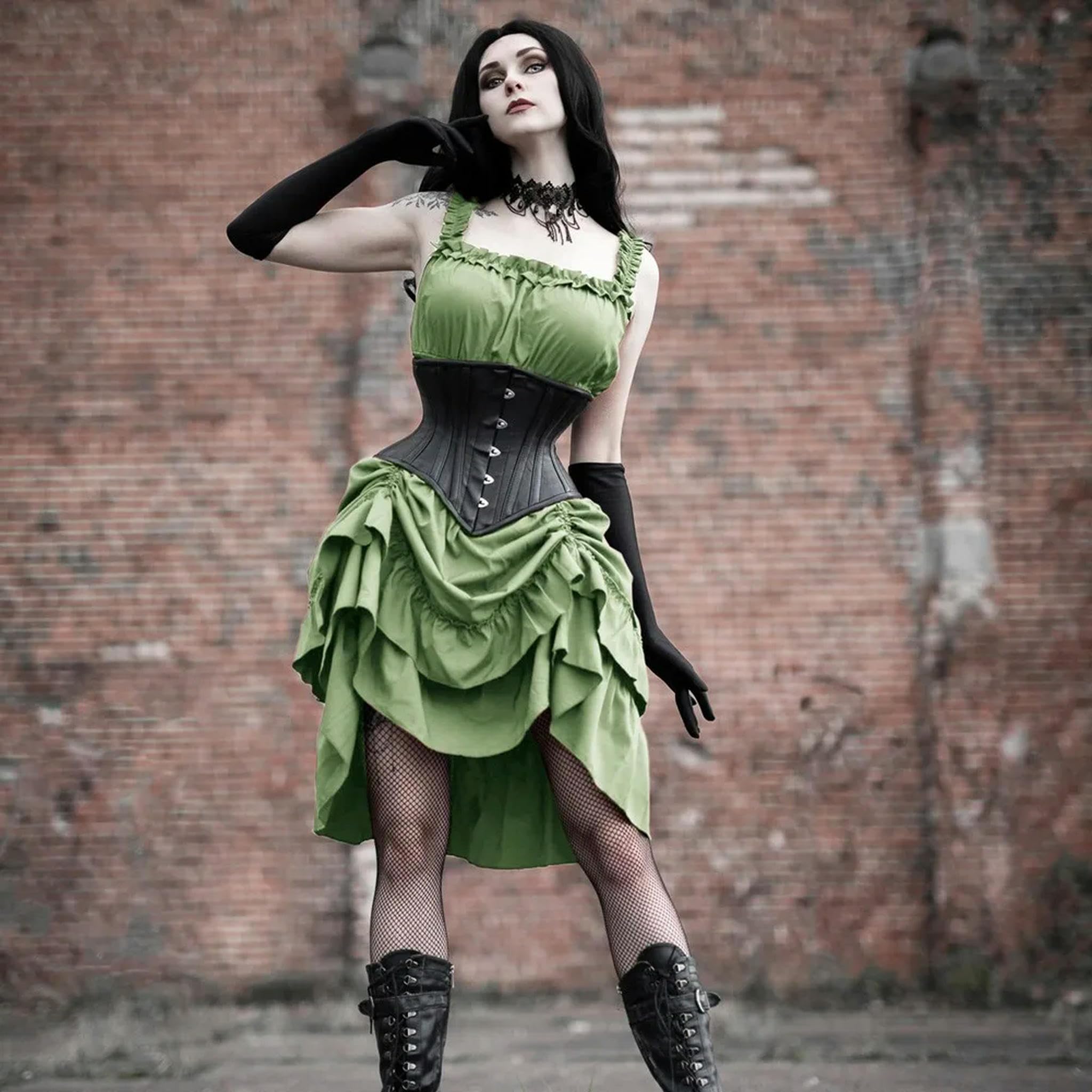 Damenkleid, Gerafftes Kleid, quadratischer Ausschnitt, gesmokte Taille, Kleider, Gothic-Steampunk-Rock, asymmetrisch, hoch – Pink-XL