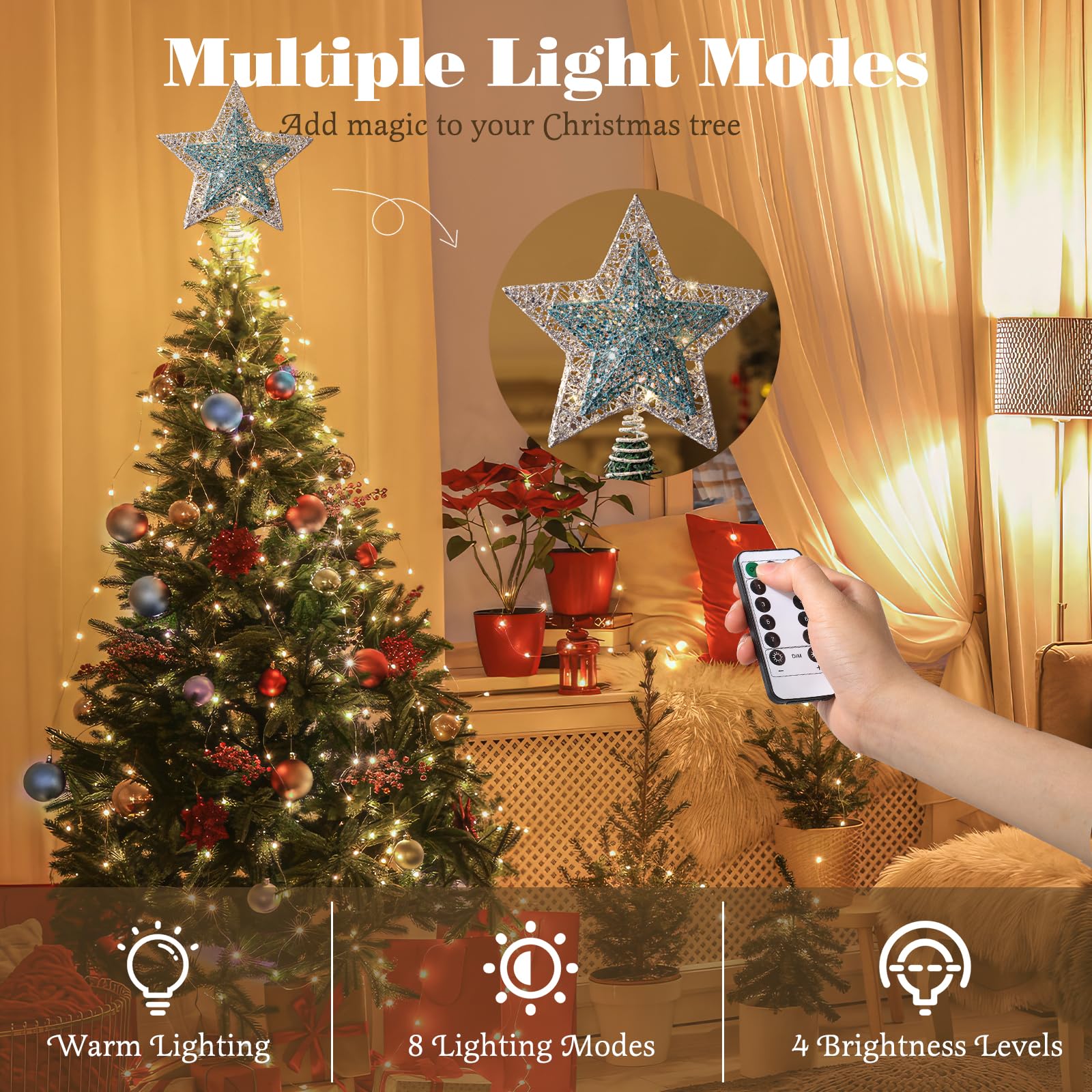 Lewondr Christmas Star Tree Topper, Metal Frame Tree Topper Star with 15 Warm Light Beads - Image 2
