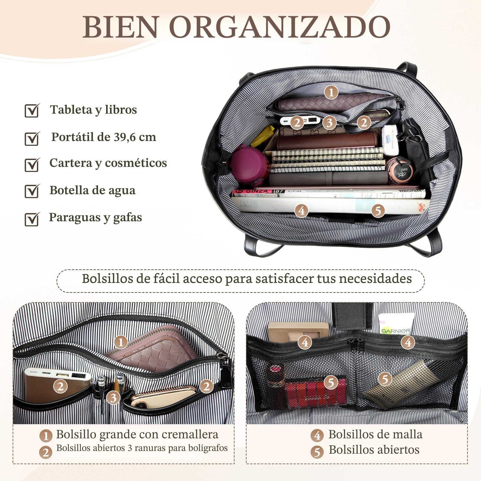Bolso Tote Impermeable para Mujer, Bolso Grande para Ordenador Portátil 15.6 Pulgadas Set 2 en 1 (Bolso + Cartera) para Trabajo Universidad Shopper Viaje