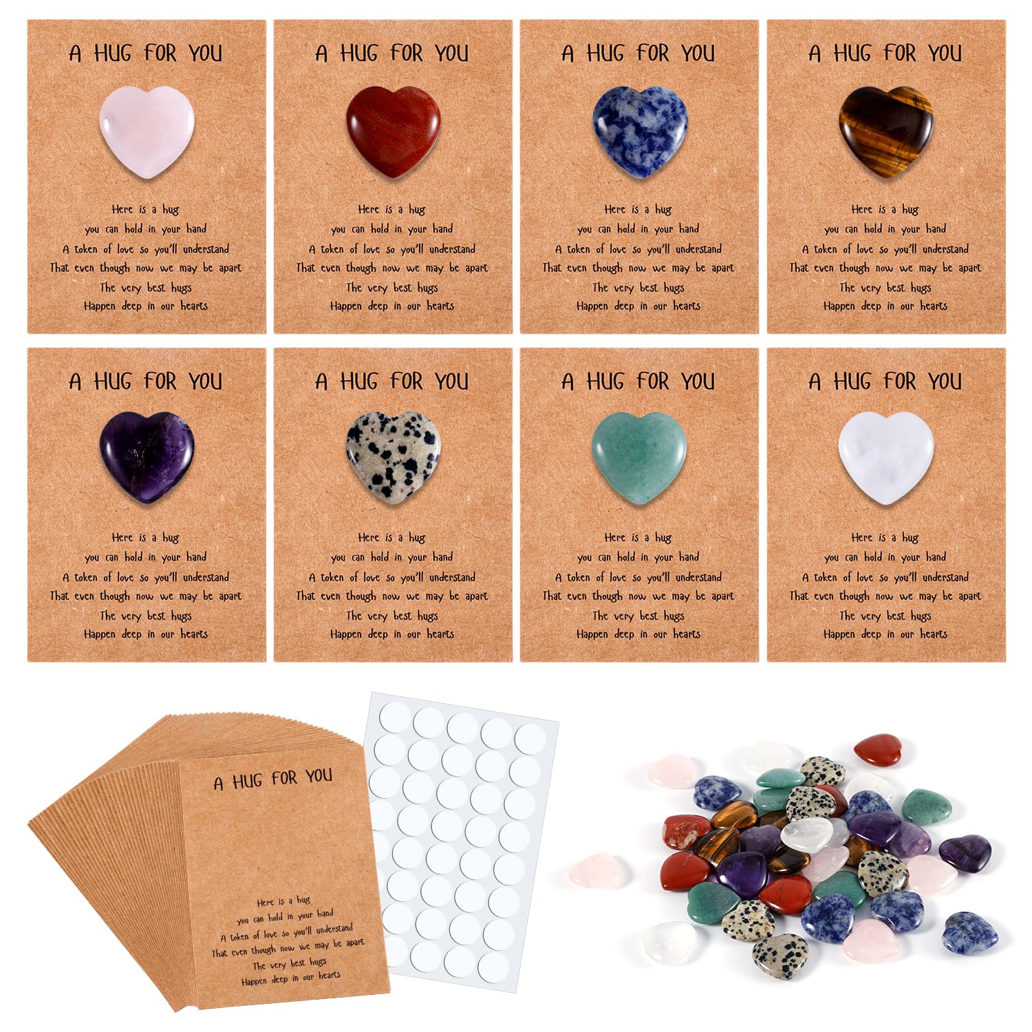 40 Sets Pocket Hug Tokens with Hug Cards, Heart Shaped Natural Stones Bulk Greeting Card Holiday Exchange Gift Souvenir for Family Friend Colleague