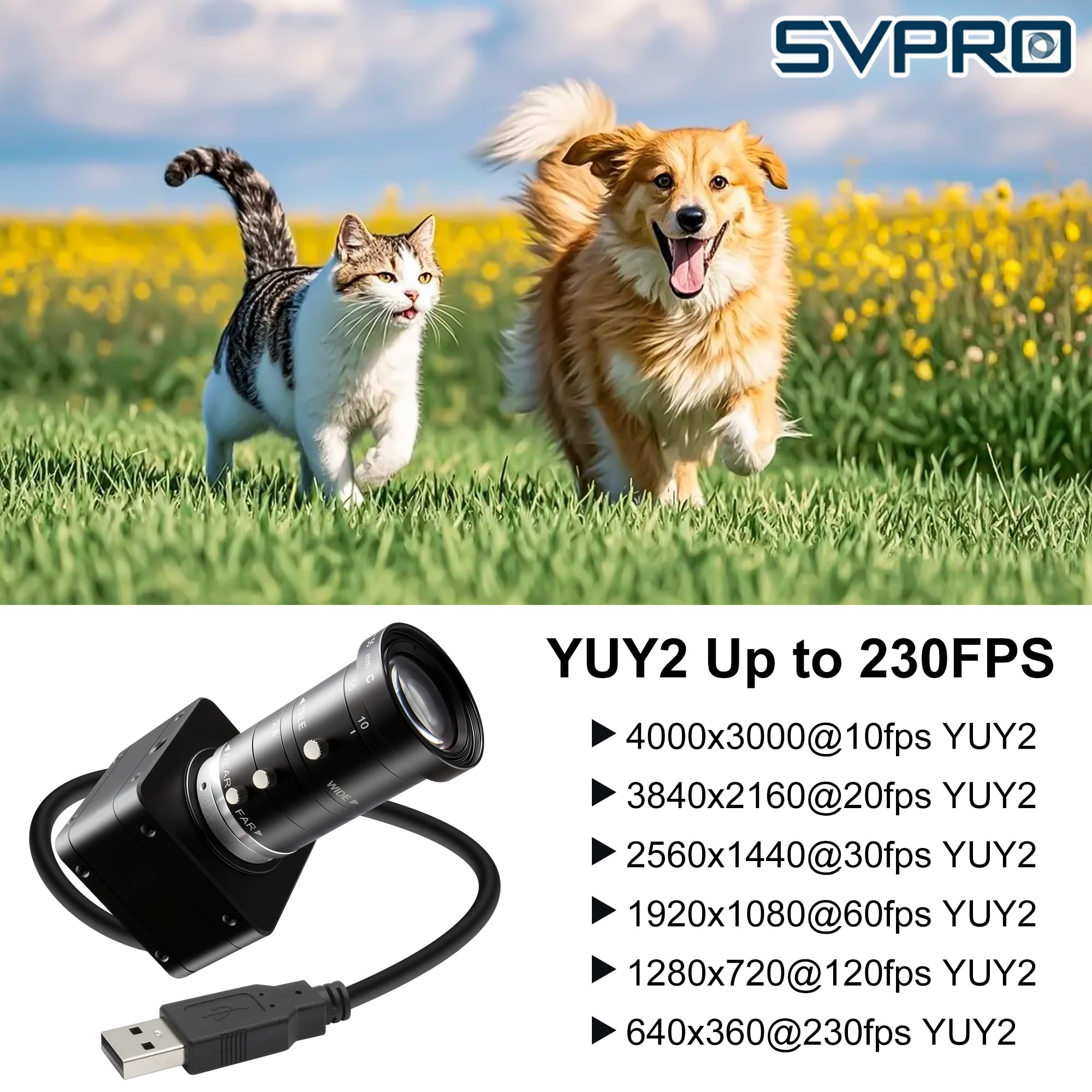 Svpro Fotocamera USB 3.0 ad alta velocità 1080P/230fps, 4K/60fps, 12MP/30fps, 12MP zoom Webcam con obiettivo CS Mount 10-55mm, messa a fuoco manuale, fotocamera UVC per Windows, Linux, Mac e Android