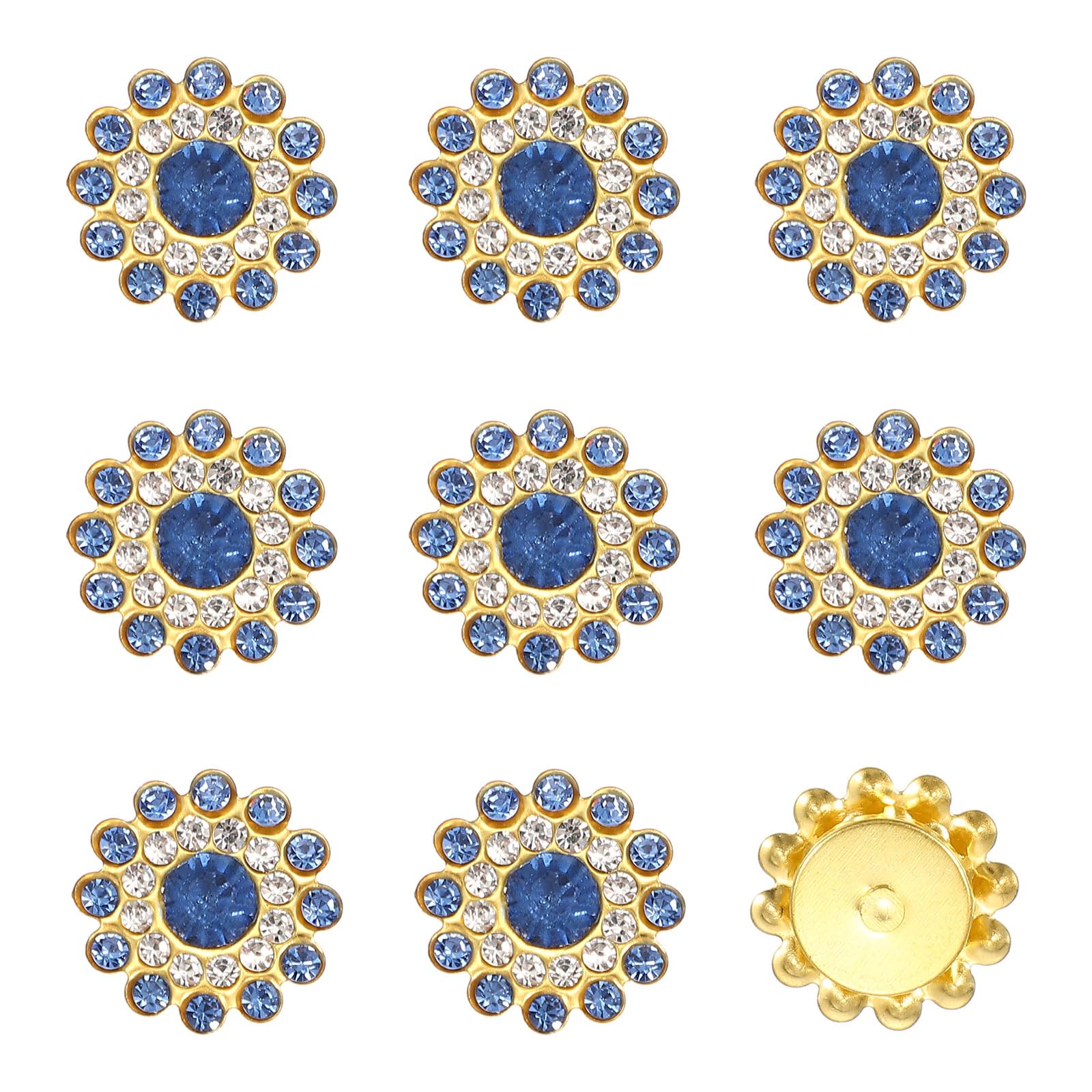 YELARXI 150Pcs 14mm Sew on Flower Rhinestones Crystal Glass Gems, Flatback Claw with Metal Base Crystals for Sewing Clothes Shoes Jewelry Belt Accessories, Light Blue
