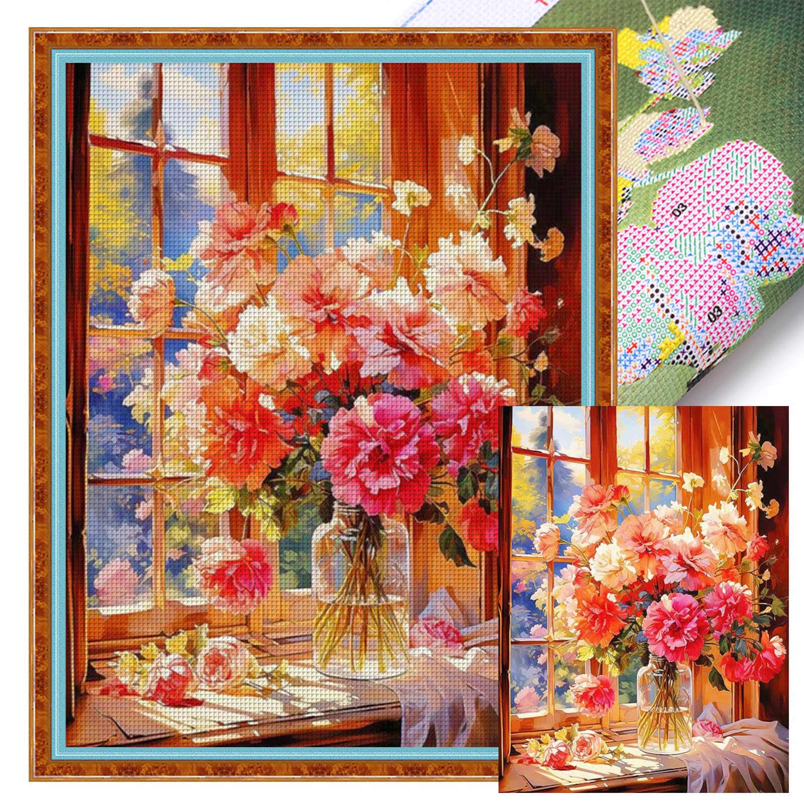 POETRYDRAW Vase by the Window Full 11CT 3 Strands DIY Stamped Cross Stitch Kits Large Size 17.72x23.62inch Needlework Embroidery Kit for Adults Home Decor (11CTACC-12888 C 45X60)