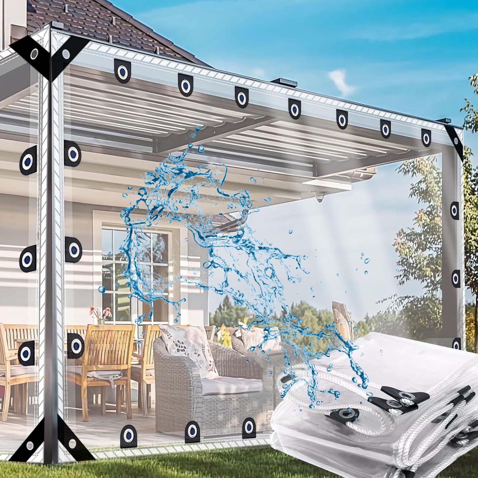 Bâche imperméable épaissie Transparente, Coupe - Vent et Ripstop Chaque 50cm a Un oeillet renforcé pour Toutes Les Occasions à la Maison (3.9x3.9m, mm, 0.50)