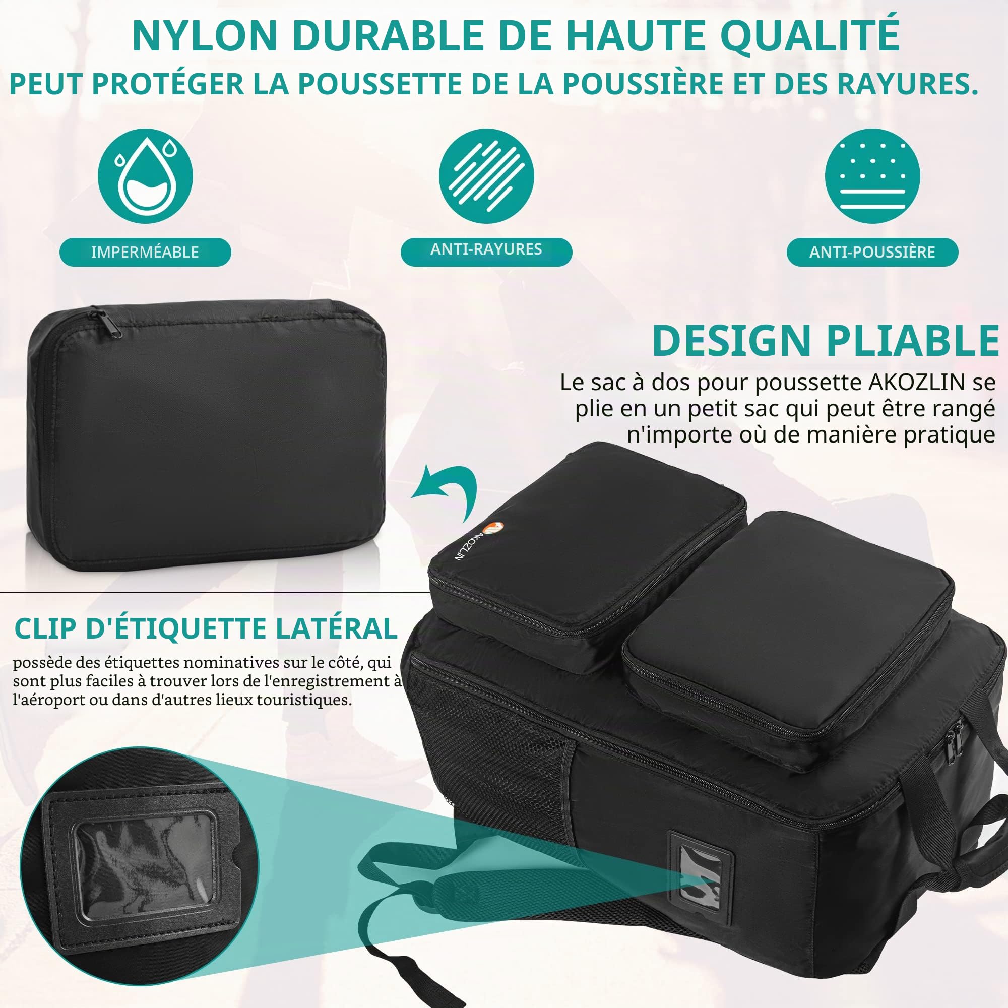 AKOZLIN Sac à Dos de Voyage Pliable pour Poussette, Noir, L(for All GB Pockit Strollers), Sac à Dos