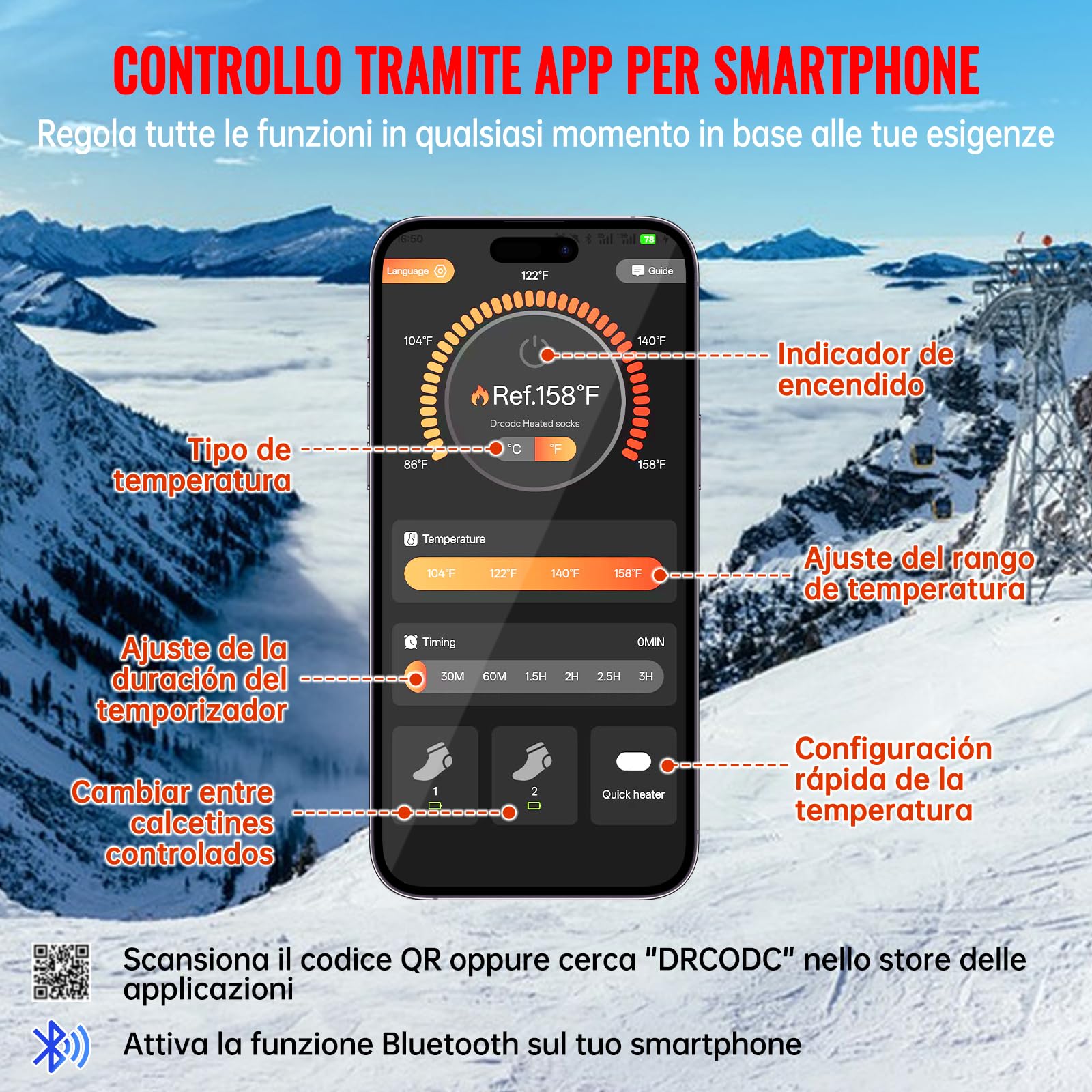 YOOHBERRYS Calze Riscaldate, Calzini Riscaldanti Elettrici con 8500mAh Rechargeable Batteria, Controllo Dell'app Fino a 70 Gradi, Elettricamente Heated Socks per Sci Campeggio Pesca Ciclismo