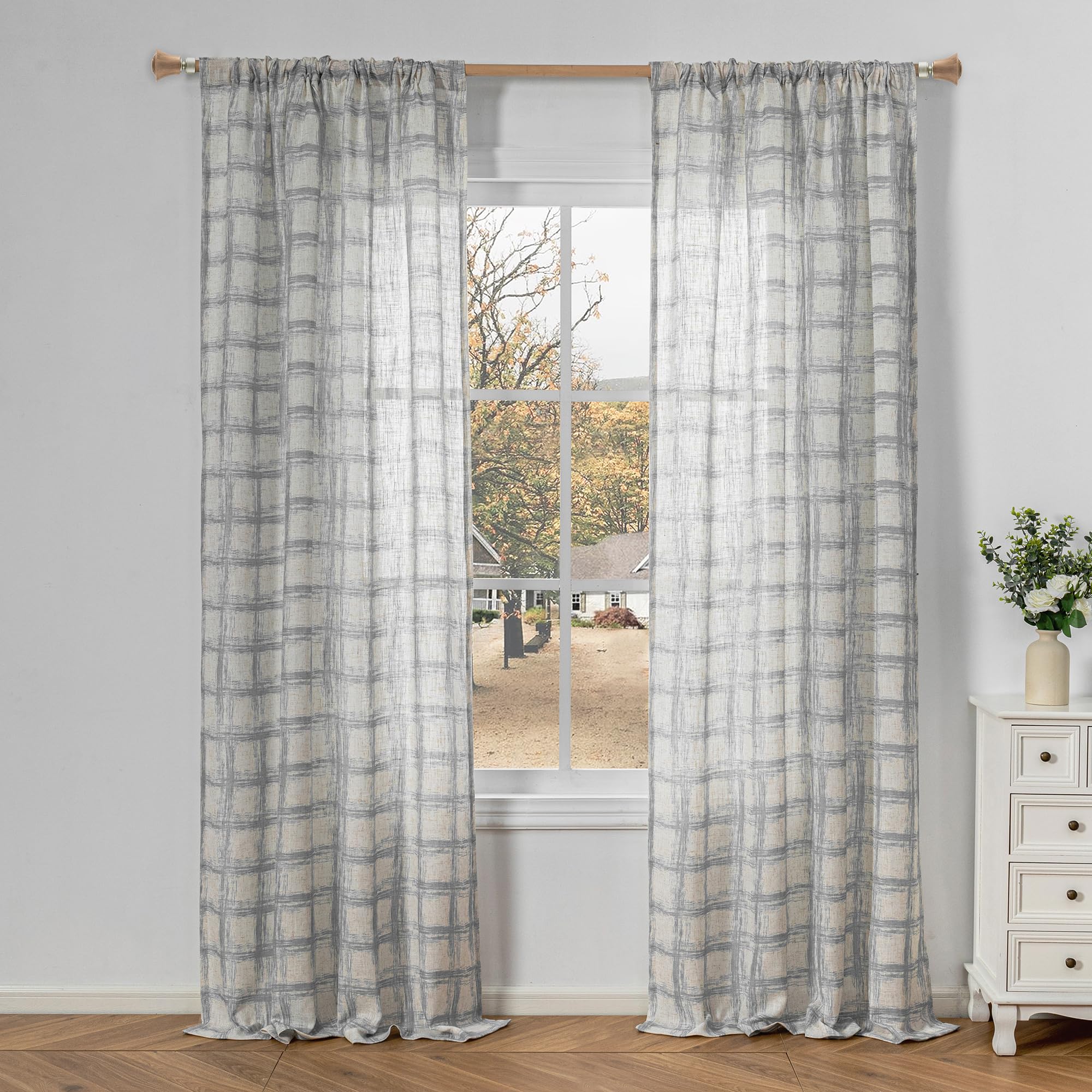 MYSKY HOME Linen Blended Sheer Plaid Curtains 95 Inch Length 2 Panels Grey