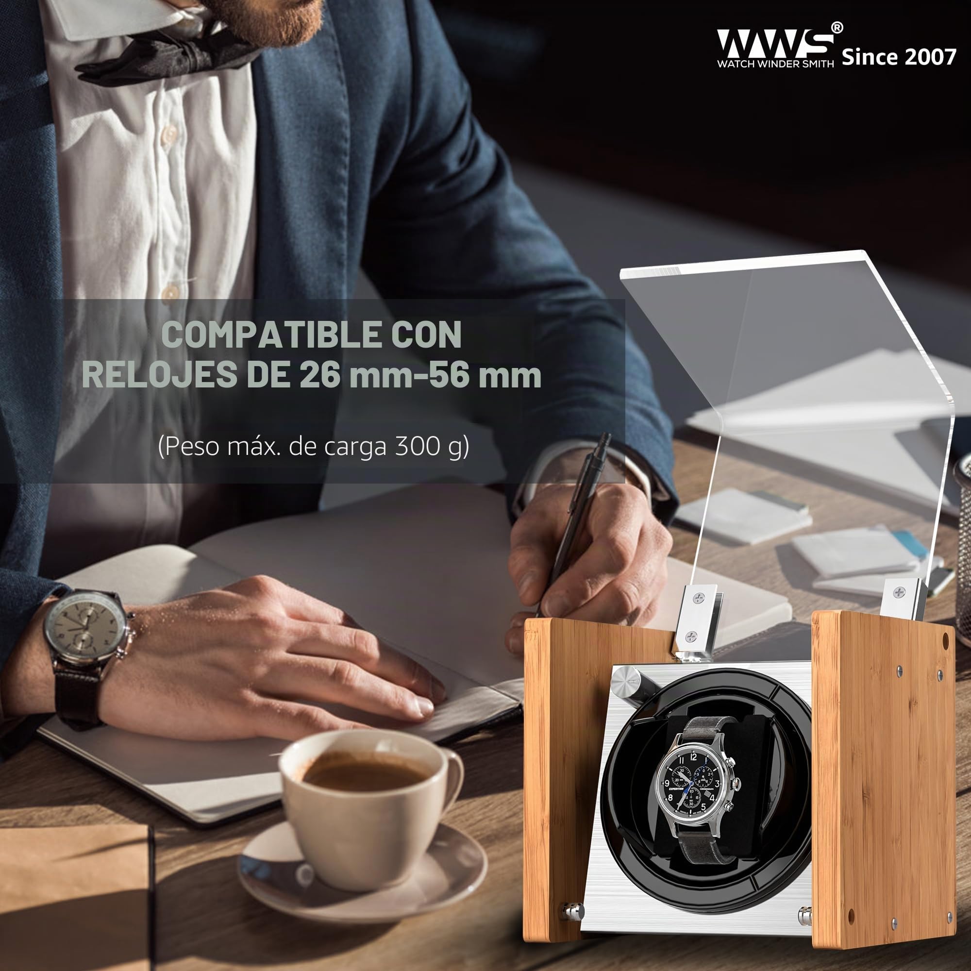 Watch Winder Smith - Reloj automático para Reloj, 100% artesanía, diseño de Patente de Madera de bambú, Motor japonés ultrailencioso con CA o a Pilas