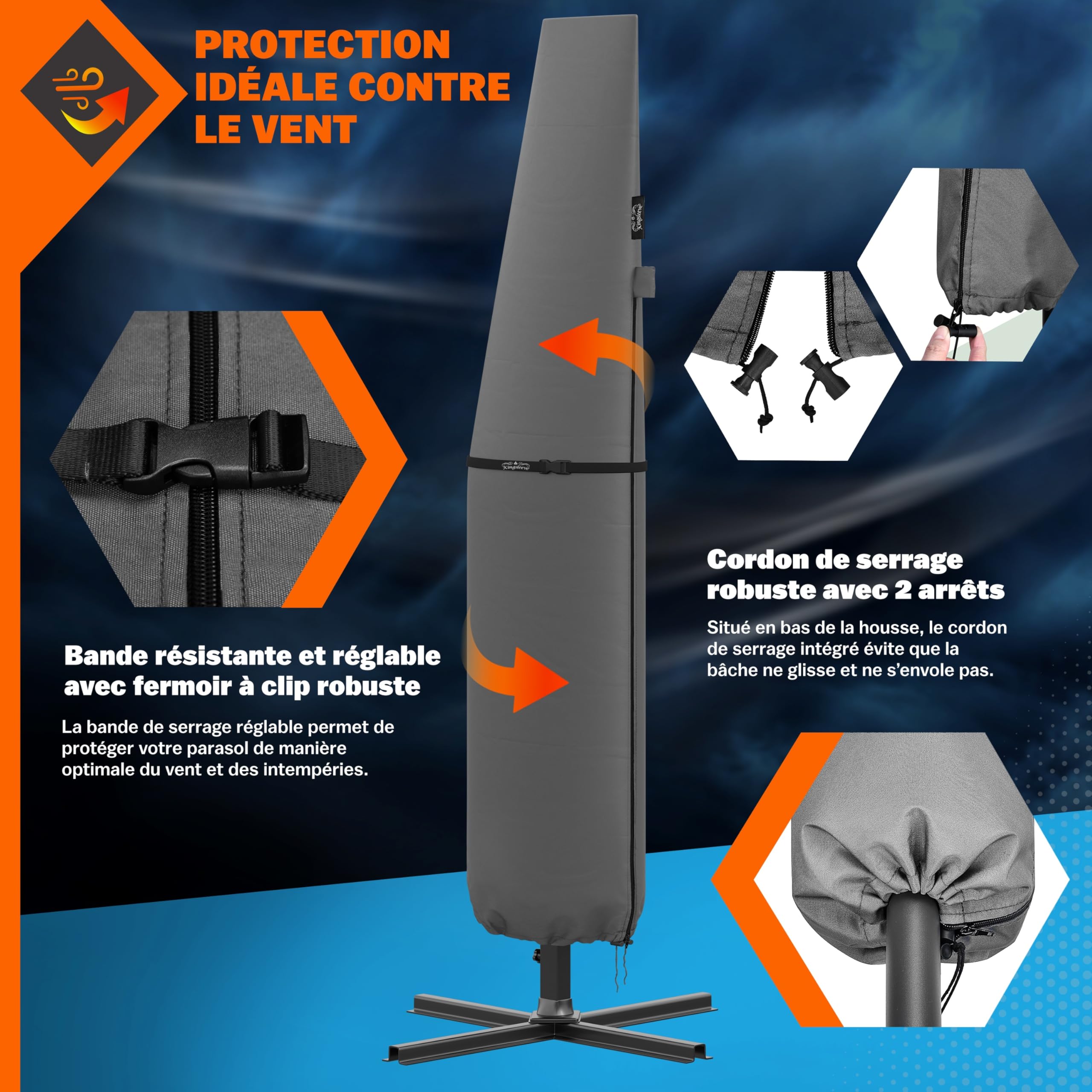 Housse de parasol télescopique Ø350cm résistante aux intempéries bâche de protection universelle gris