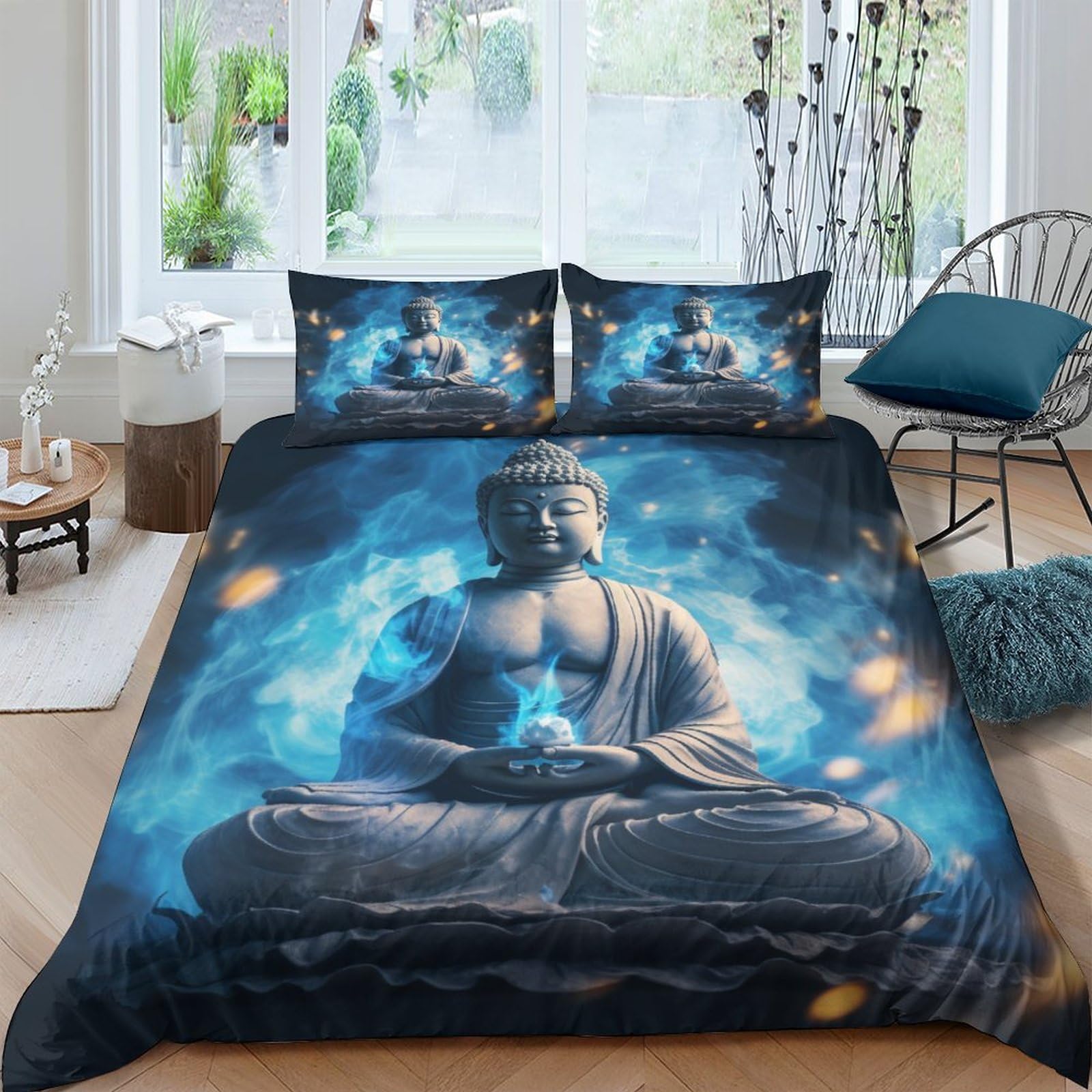 HOTGE Buddha Duvet Cover Set,Blue Flame 3D Bedding Set with Microfiber Pillowcases & Zipper Closure Quilt Case Printed Effect for Boy Girl Double（200x200cm）