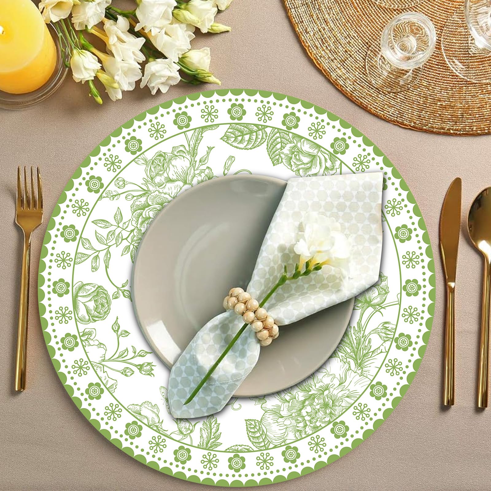 50 manteles individuales de papel floral verde de 14 pulgadas, manteles individuales redondos de chinoiserie con flores, desechables, decorativos, para mesa de comedor, banquetes, suministros de