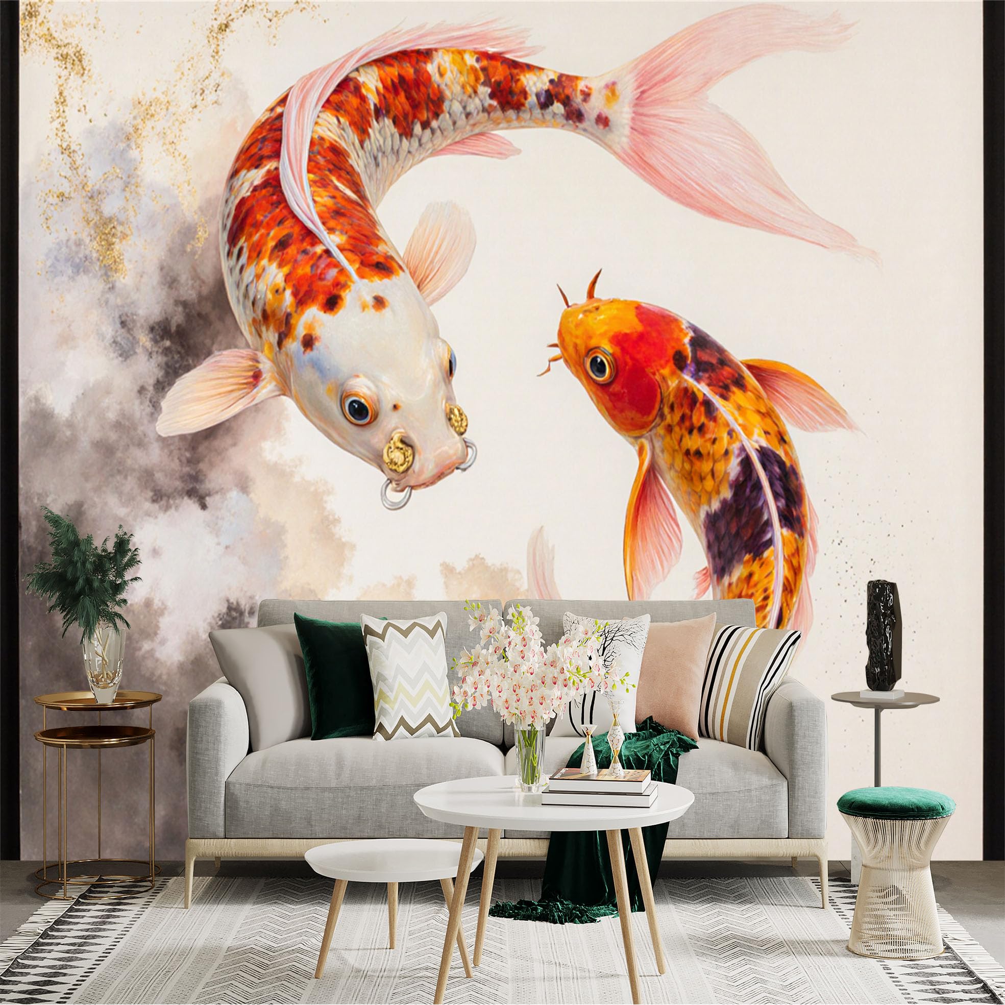 Custom Size Wall Sticker Mural， Colorful Koi Fish with Watercolor Clouds and Gold Texture Art， for wall Decoration， peelandstick wall Decals.