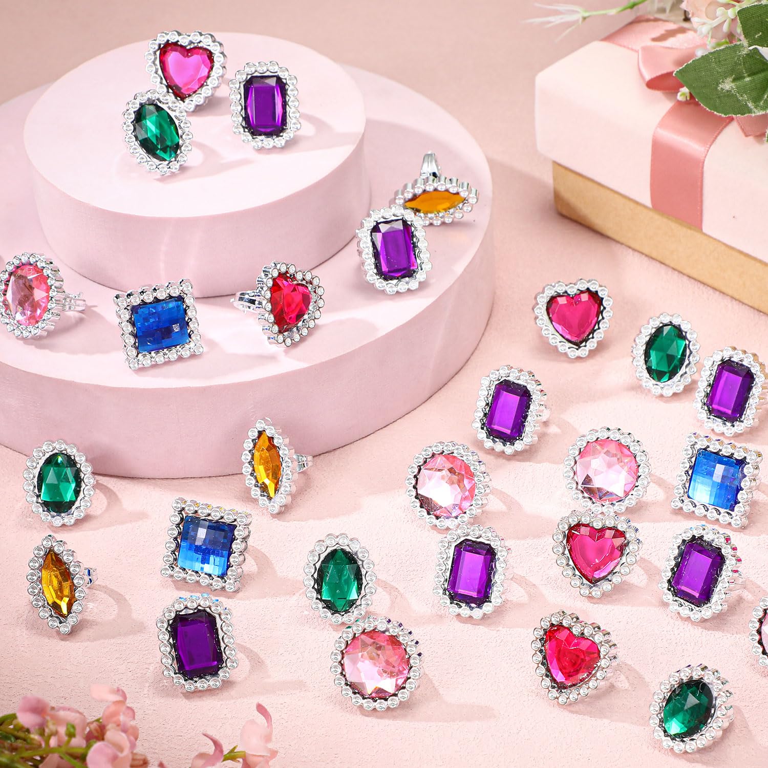 72 anillos de plástico coloridos ajustables falsos de princesa joyería anillos para despedida de soltera, accesorios de fiesta 5