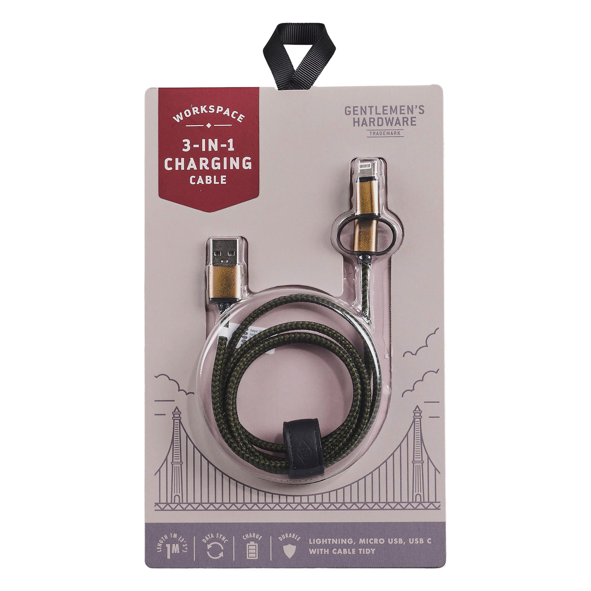 Gentleman's Hardware 3-in-1 Charging Cable, Lightning/Micro USB/USB C Connectors, Green + Black