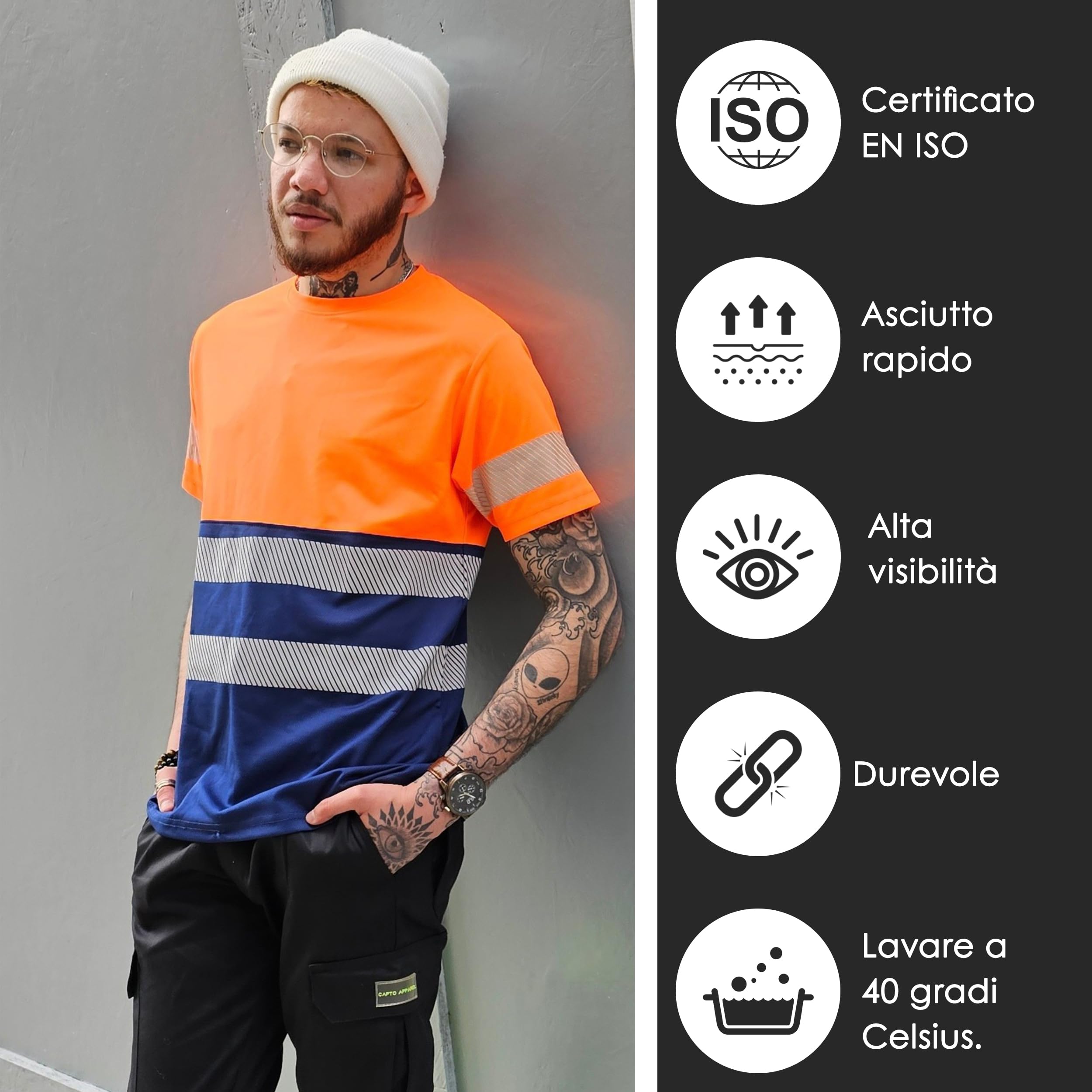 Apparel - T-shirt haute visibilité - T-shirt réfléchissant - T-shirt de sécurité - T-shirt de travail - T-shirt d'avertissement pour homme - T-shirt de travail - Orange/noir - Taille L