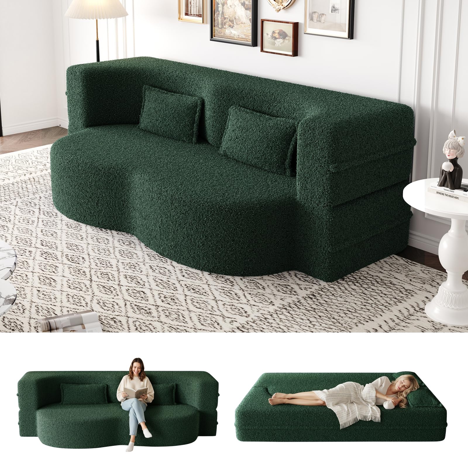 Convertible Folding Foam Sofa Bed,15" Full Size Floor Sleeper Couch, Futon Loveseat Sofa for Living Room Bedroom, No Assembly Required (Green)