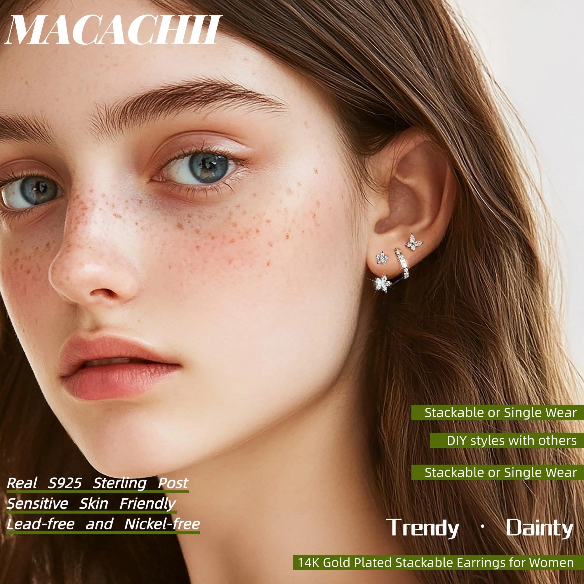 MACACHII Orecchini Donna Argento 925 Placcati Oro 14K - Set 3 Paia Orecchini a Lobo, Cerchio, Helix - Anallergici, Idee Regalo Gioielli per Piercing Multipli