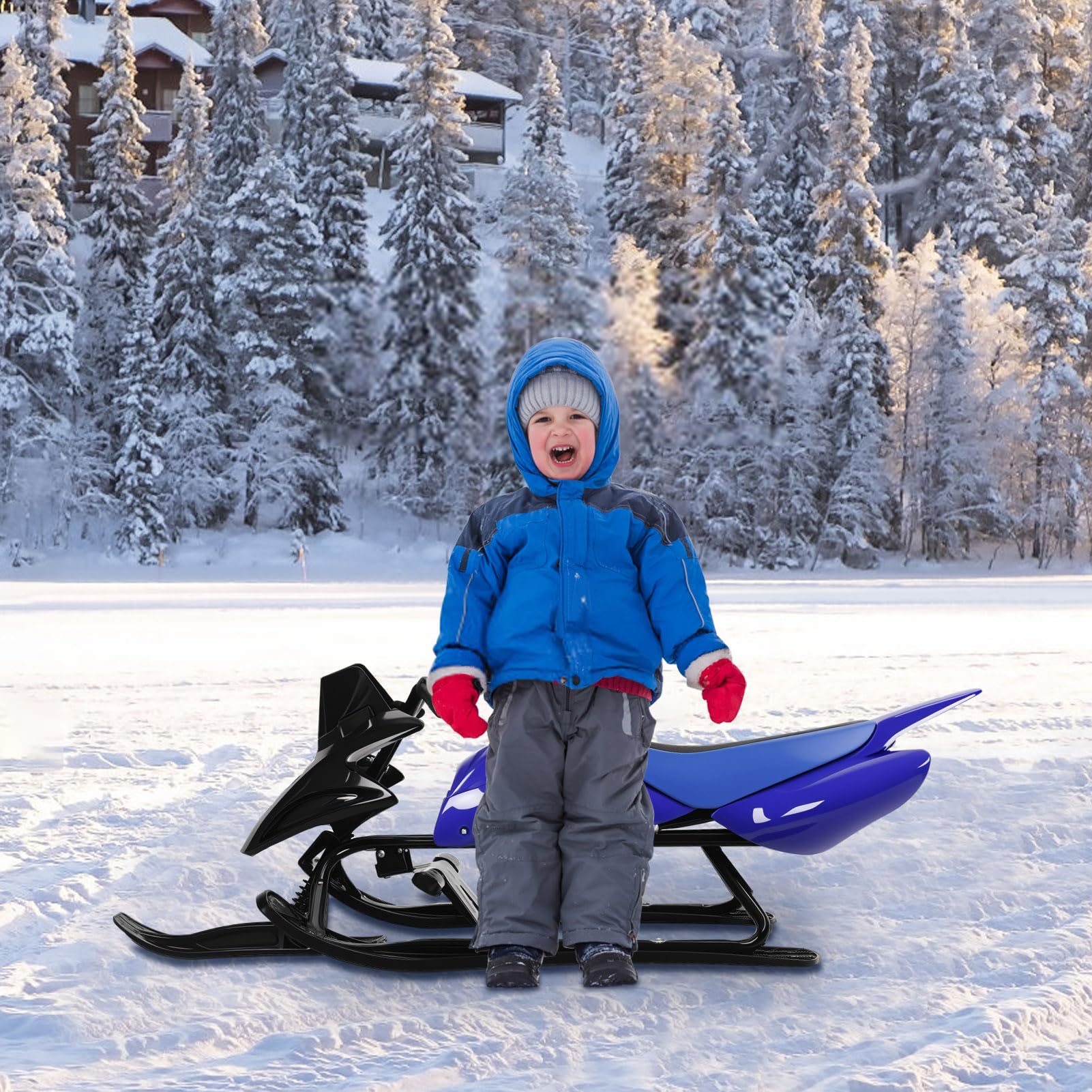 Snow Sled Winter Fun Ski Skooter with Foot Brake - Balanced Scooter Kids Snowboard Kick Scooter Sled Blue