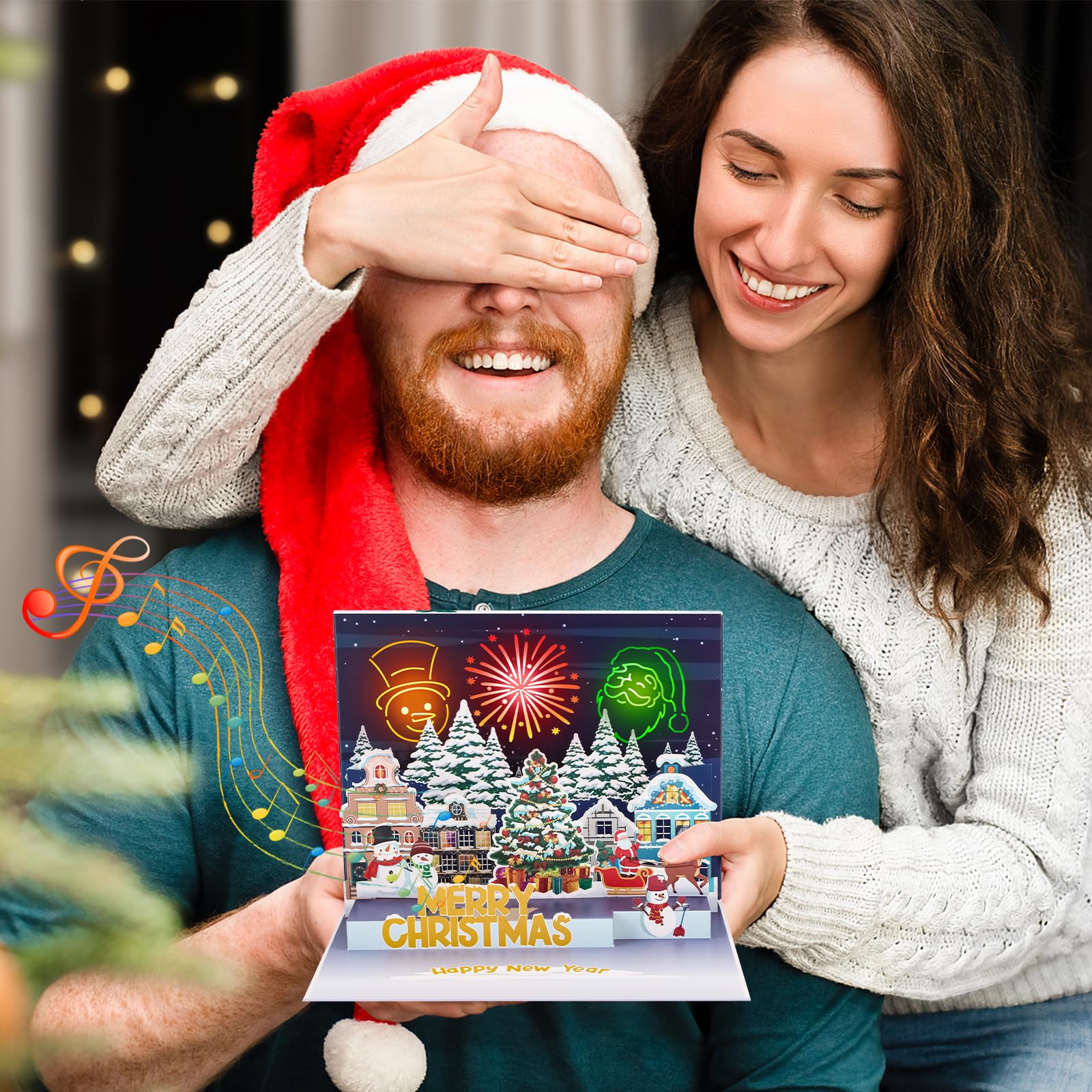 3D Musical Christmas Pop-Up Card With LED Lights - Merry Christmas Greeting Card With Envelope