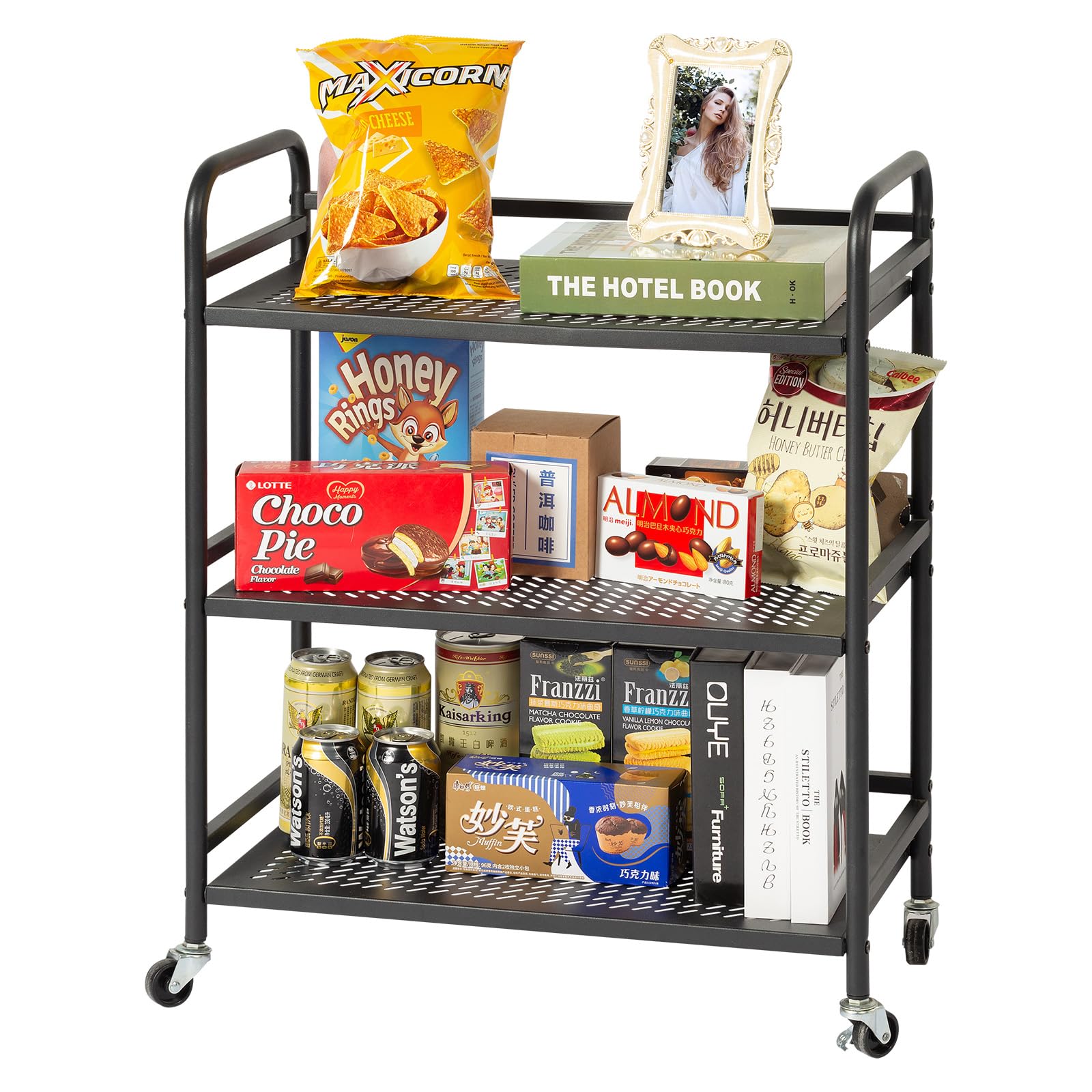 HDANI 3 Tier Metal Rolling Heavy Cart Supports 40 Lbs Per Tier,Mesh Rolling Cart with 2 Lockable Wheels for Office,Home,Bedroom,Kitchen,Bathroom(Black)