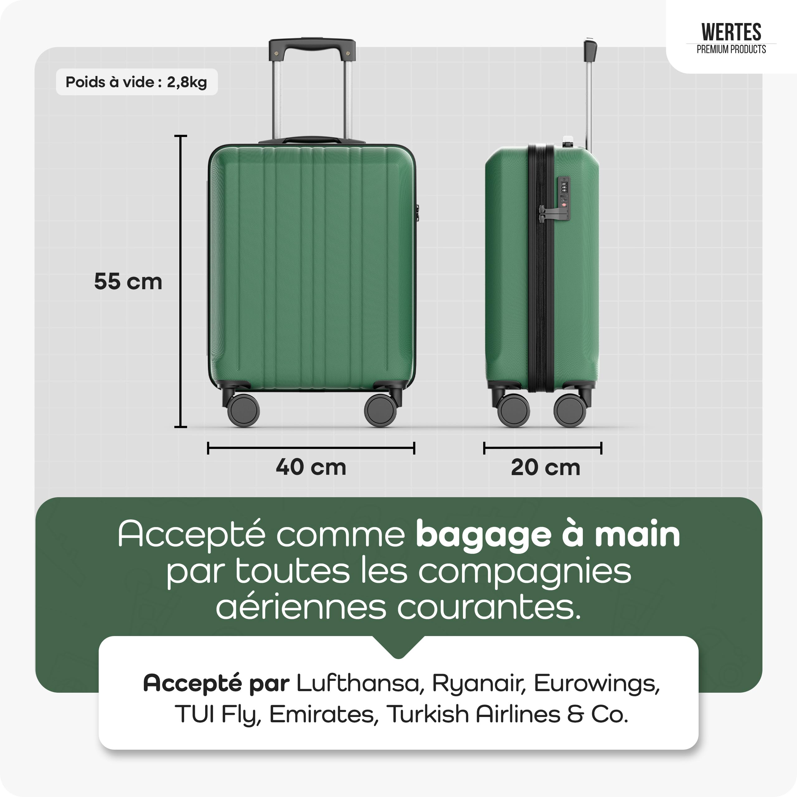 Valise Cabine 55x40x20cm - adaptée pour Ryanair, Lufthansa, Eurowings et Autres. Valise Cabine 36L avec roulettes Souples et Serrure TSA Pratique, Valise de Voyage, Bagage