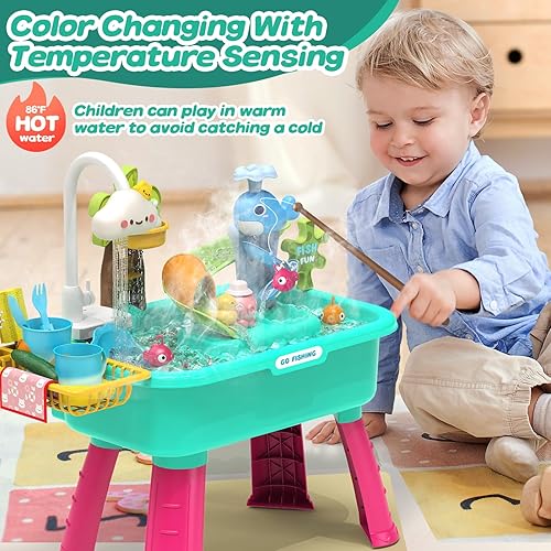 Miniatura 2 de Juguetes para fregadero de cocina 4 en 1 con agua corriente para niños, juguete eléctrico de mesa de agua que cambia de color con animales,