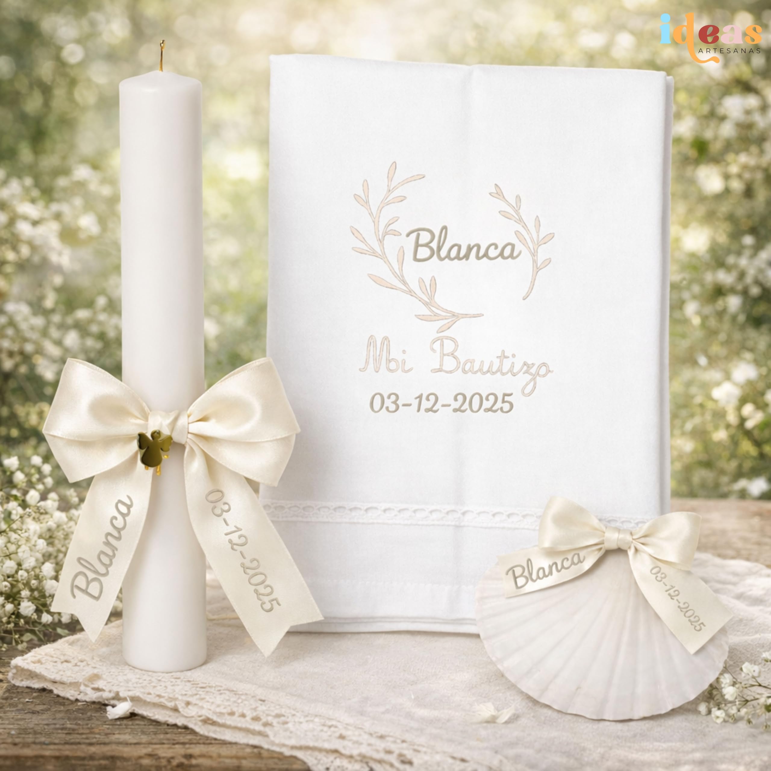 Kit de Bautizo Personalizado | Vela Artesanal con Lazo, Pañuelo Bordado y Concha Bautismal | Pack Premium con Vela Bautismo,Toalla de Bautismo Bordada, Concha Marina | El Recuerdo Perfecto (Beige)