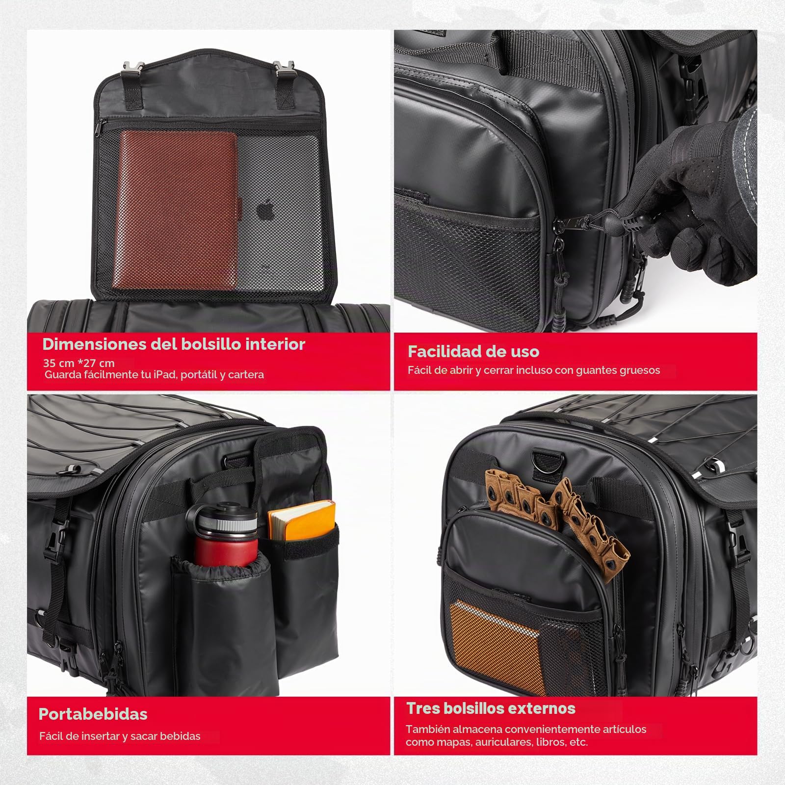 KEMIMOTO Trasera Alforjas Motocicleta Impermeable de 45 a 65L, Sillín Expandible y Bolsas Portaequipajes con Funda para Lluvia, Gran Capacidad Compatible con Universales Moto