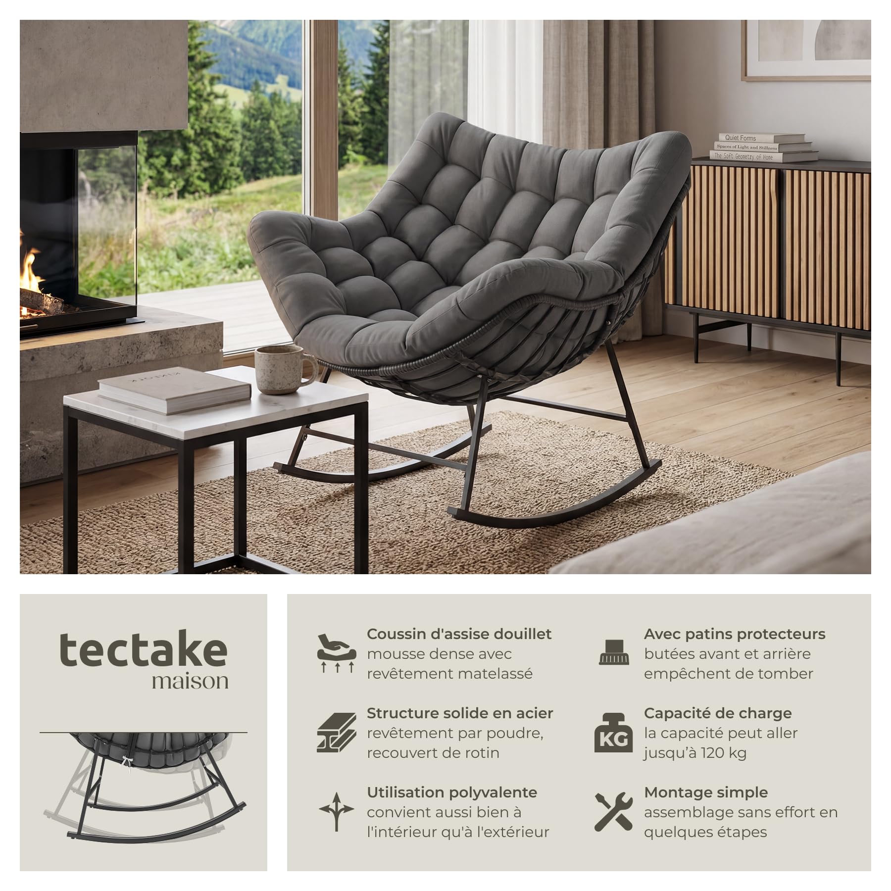 tectake® Fauteuil à Bascule 93x99.5x89 cm, Rembourrage épais avec Motif matelassé, Résistant aux intempéries, Max. 120kg, Structure en Acier, Assise en rotin tressé, Rocking Chair - Gris Anthracite