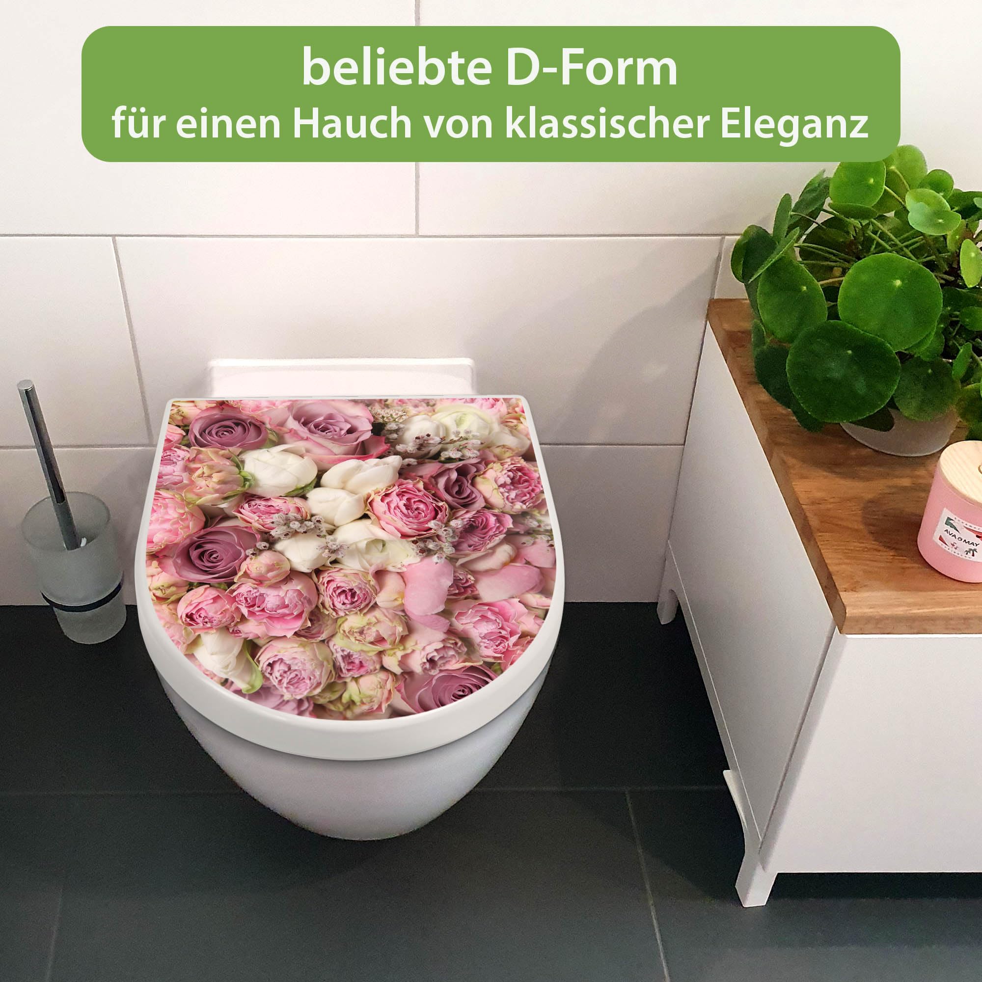 banjado WC Sitz mit Absenkautomatik D Form - Toilettendeckel mit Absenkautomatik D Form - Klodeckel Softclose - stabile Klobrille - Toilettensitz Weiß - Motiv Strauss Rosen