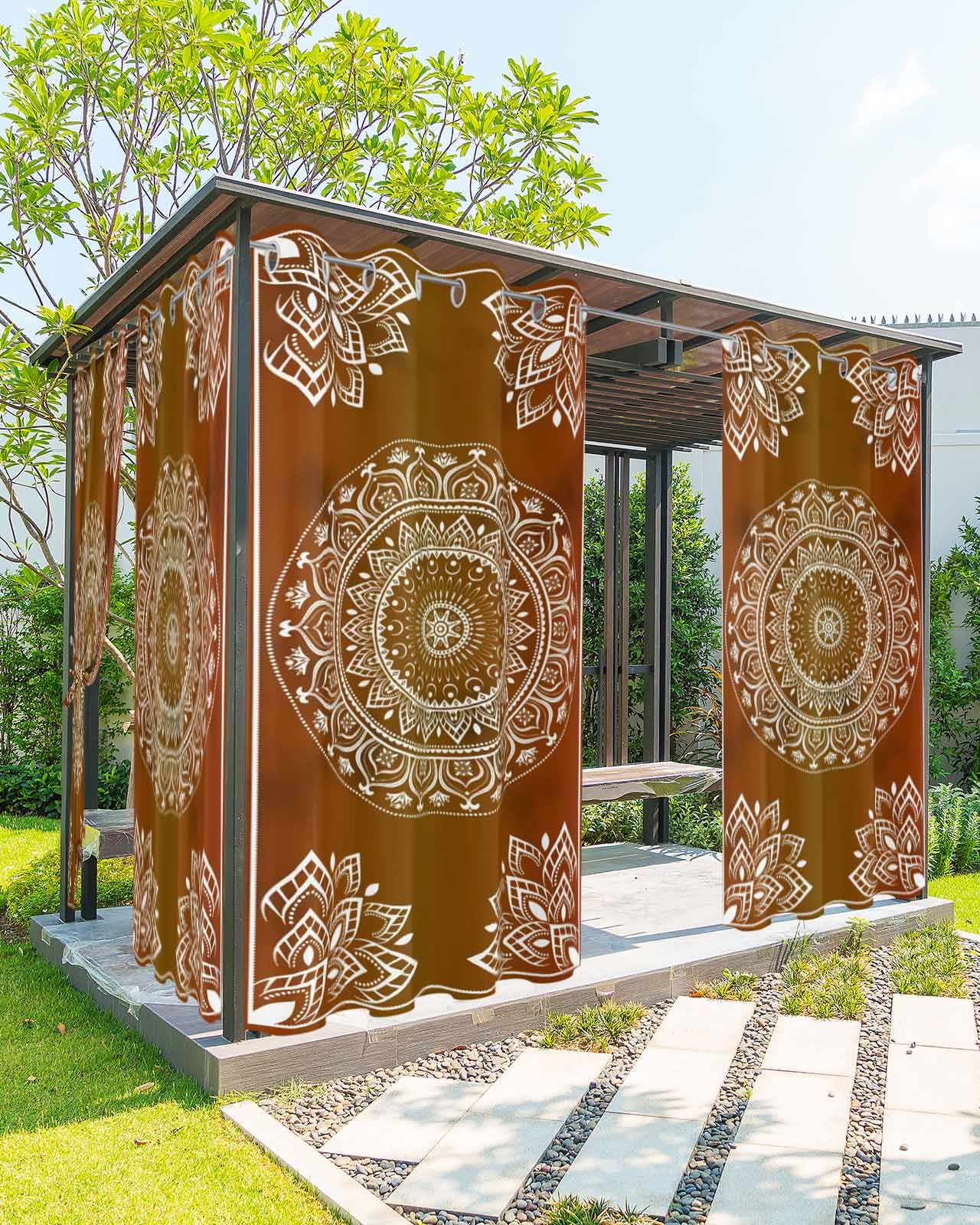 EZON-CH Outdoor Curtain for Patio Waterproof, Gorgeous Bohemian Pattern Red Orange Outside Curtains with Grommet Top Curtain Panels Drapes for Pergola, Gazebo, Balcony 54